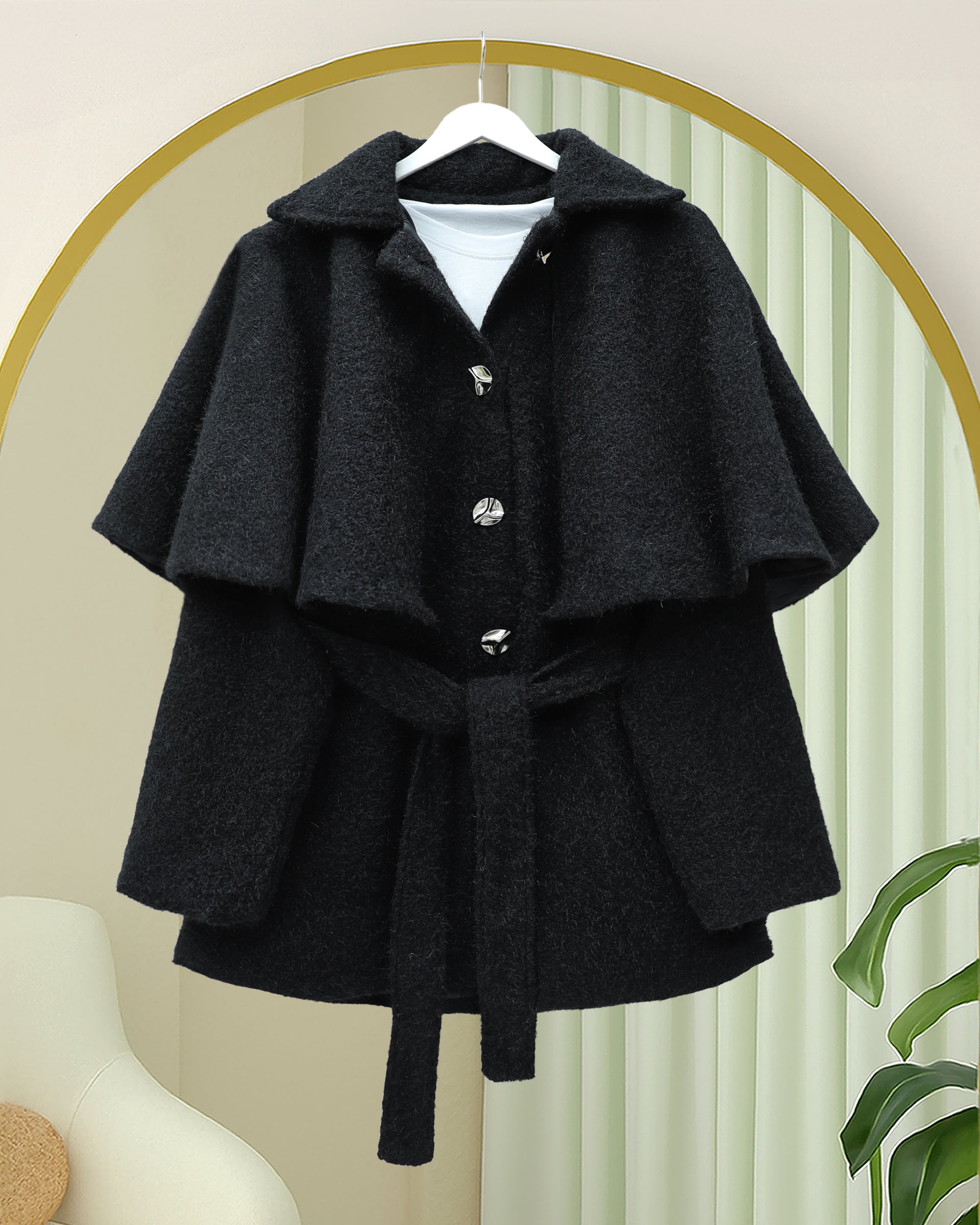 Black Belted Modest Cape Coat with Capelet Design - Podyumplus - by Peralane