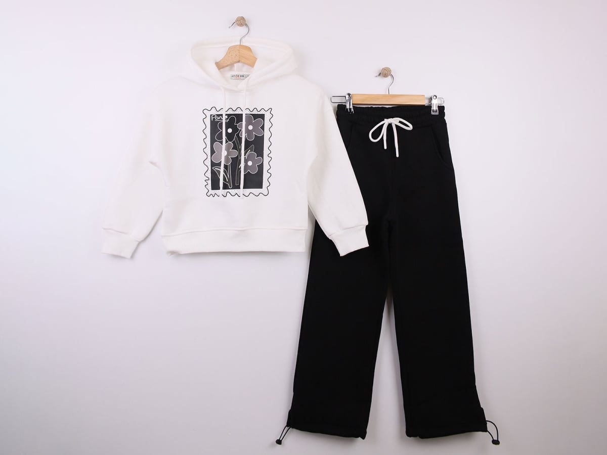 Girls' Two-Piece Flower Print Hooded Sweatshirt and Trousers Set - Black, Pack of 4 - ÖZ Bebe - by Peralane