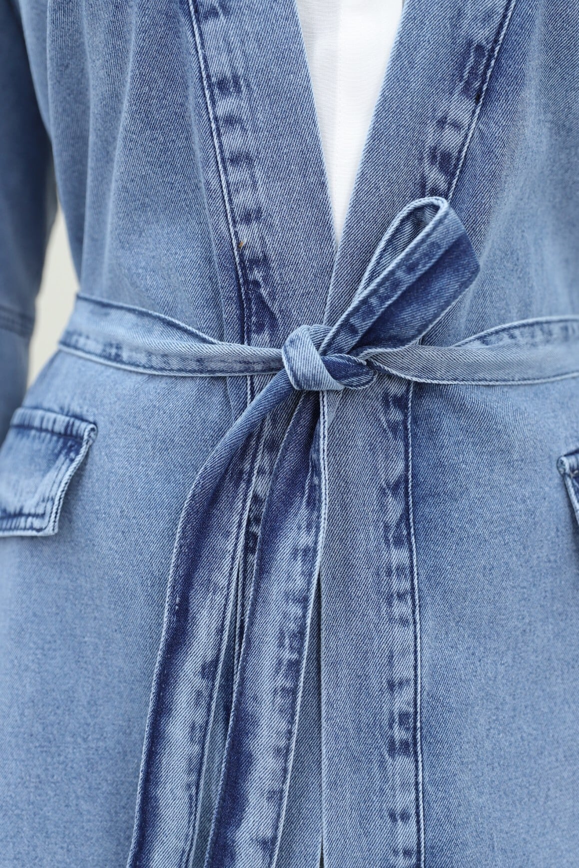 Pocket Detail Tie Waist Denim Duster Coat - Ice Blue - Podyumplus - by Peralane - photo 6