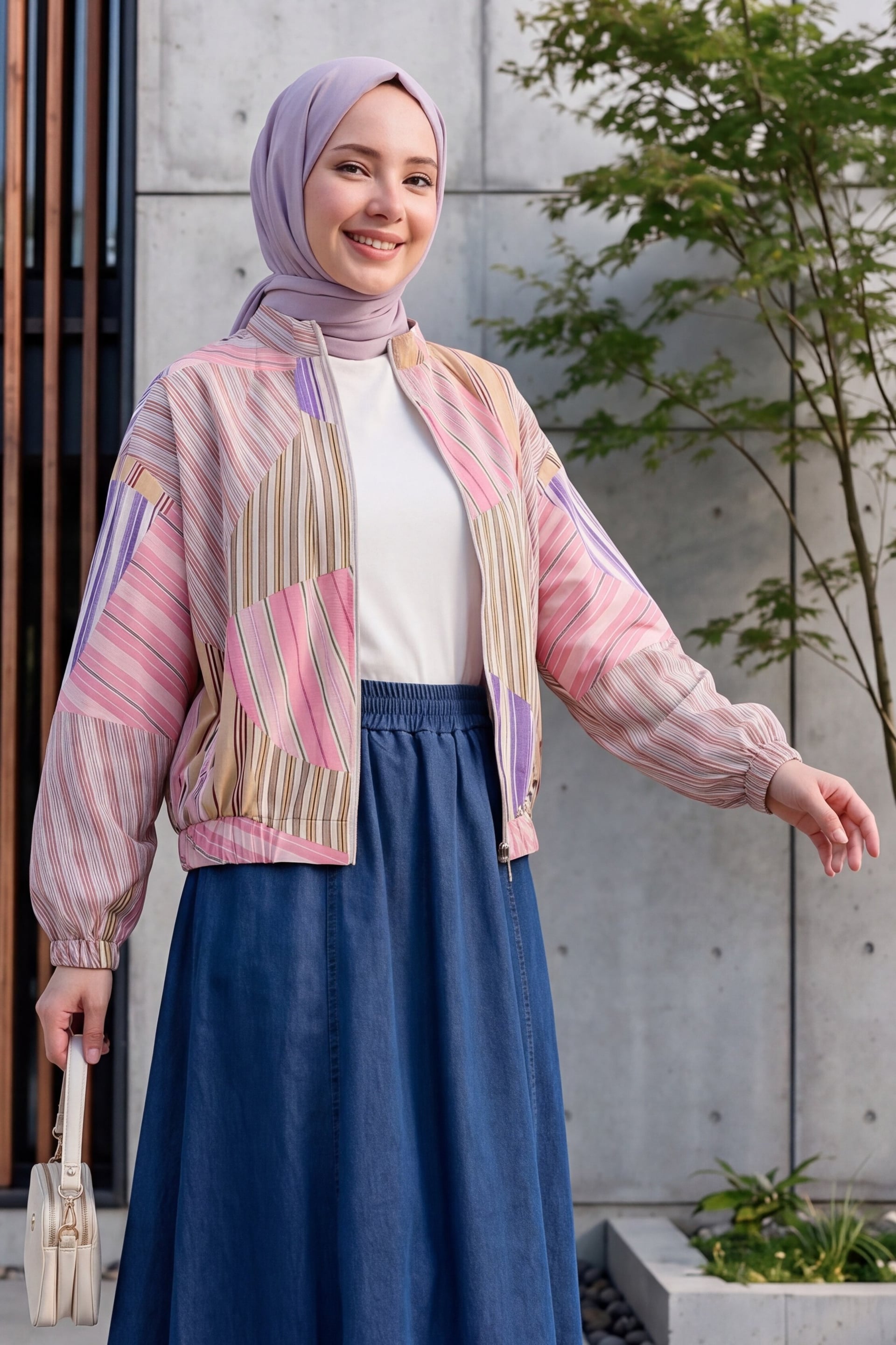 Elasticated Cuff and Waist Zip-Up Patterned Summer Jacket - Pink - Podyumplus - by Peralane - photo 9