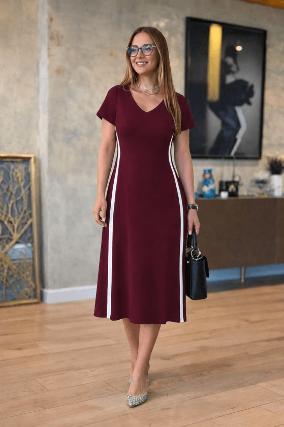 Women's Short Sleeve V-Neck Side Stripe Detail Viscose Two-Thread Midi Dress - Janes - by Peralane