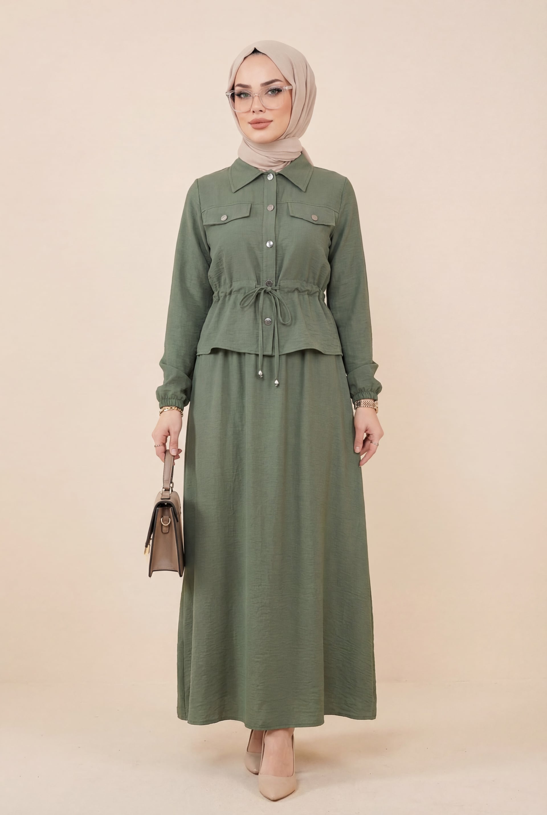 Metal Button Belted Shirt Jile Dress - Olive Green - Podyumplus - by Peralane - photo 2