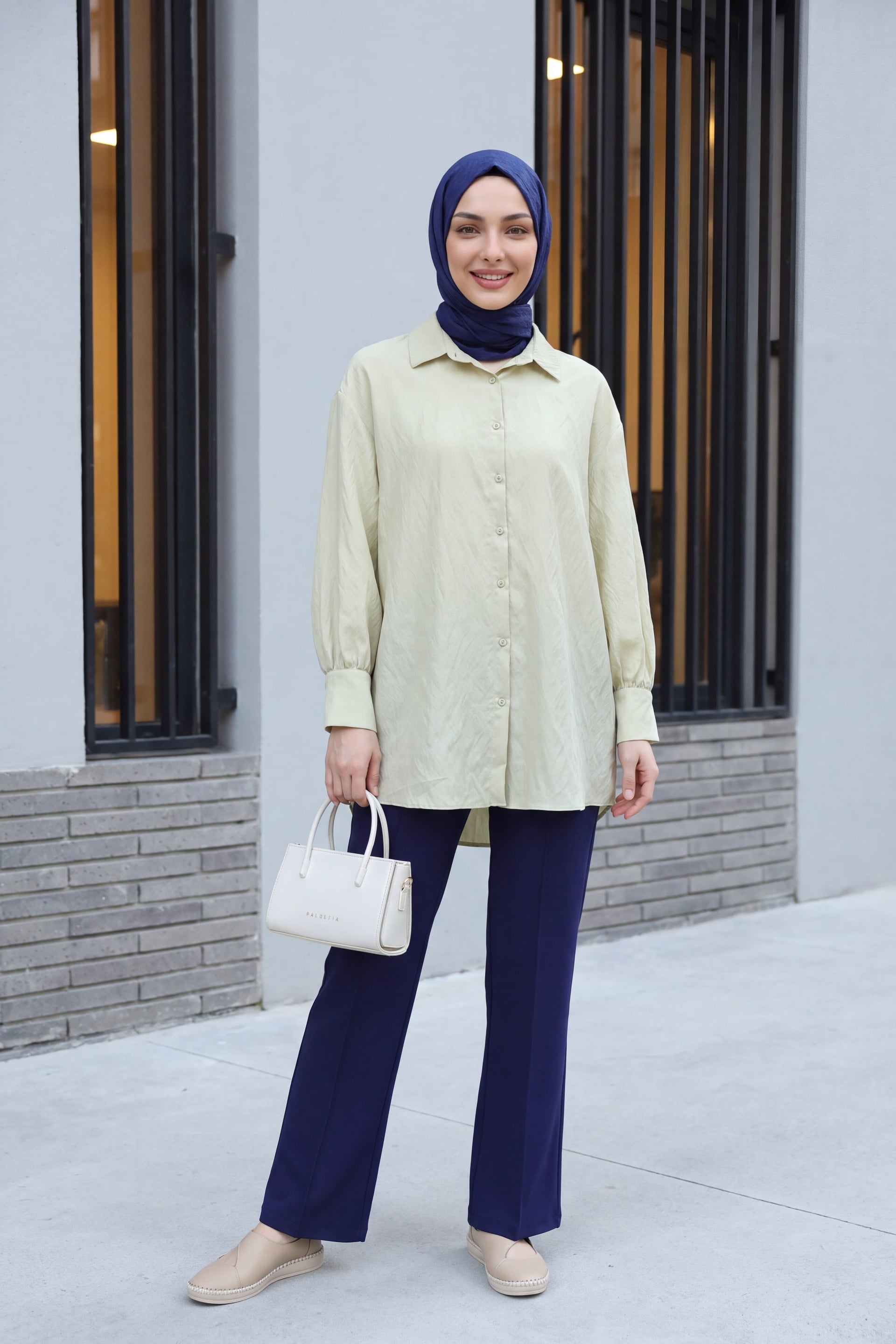 Classic Collar Button-Down Oval Cut Blouse - Stone - Podyumplus - by Peralane - photo 2