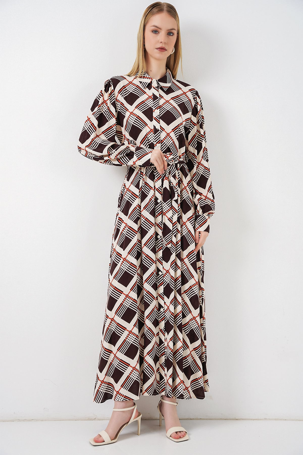 Women's Long Modest Dress with Buttons and Belt - Brown/Beige Geometric Print - Bigdart - by Peralane - photo 2