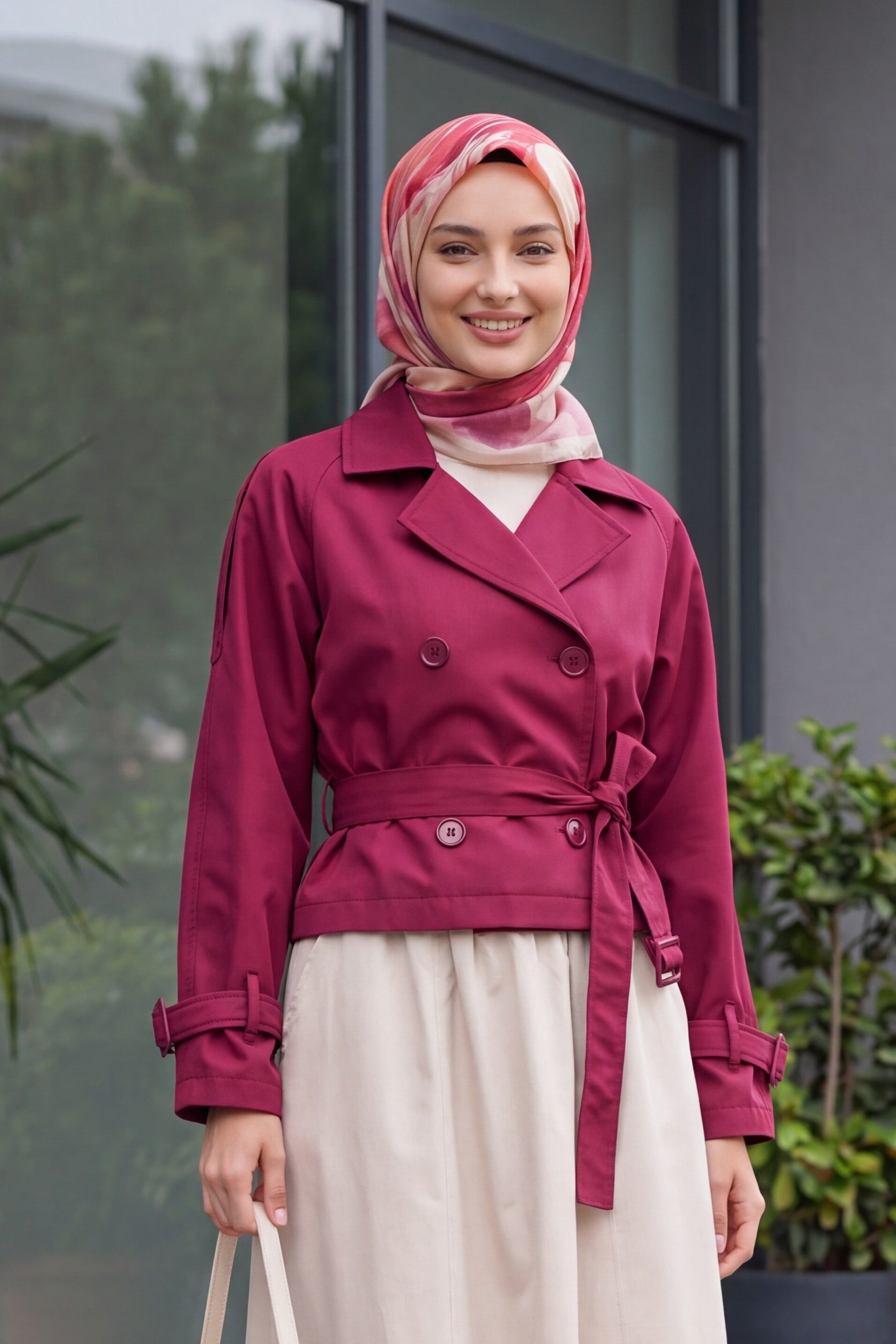 Women's Belted Short Trench Coat 5970 - Burgundy - Wholeskop - by Peralane - photo 2