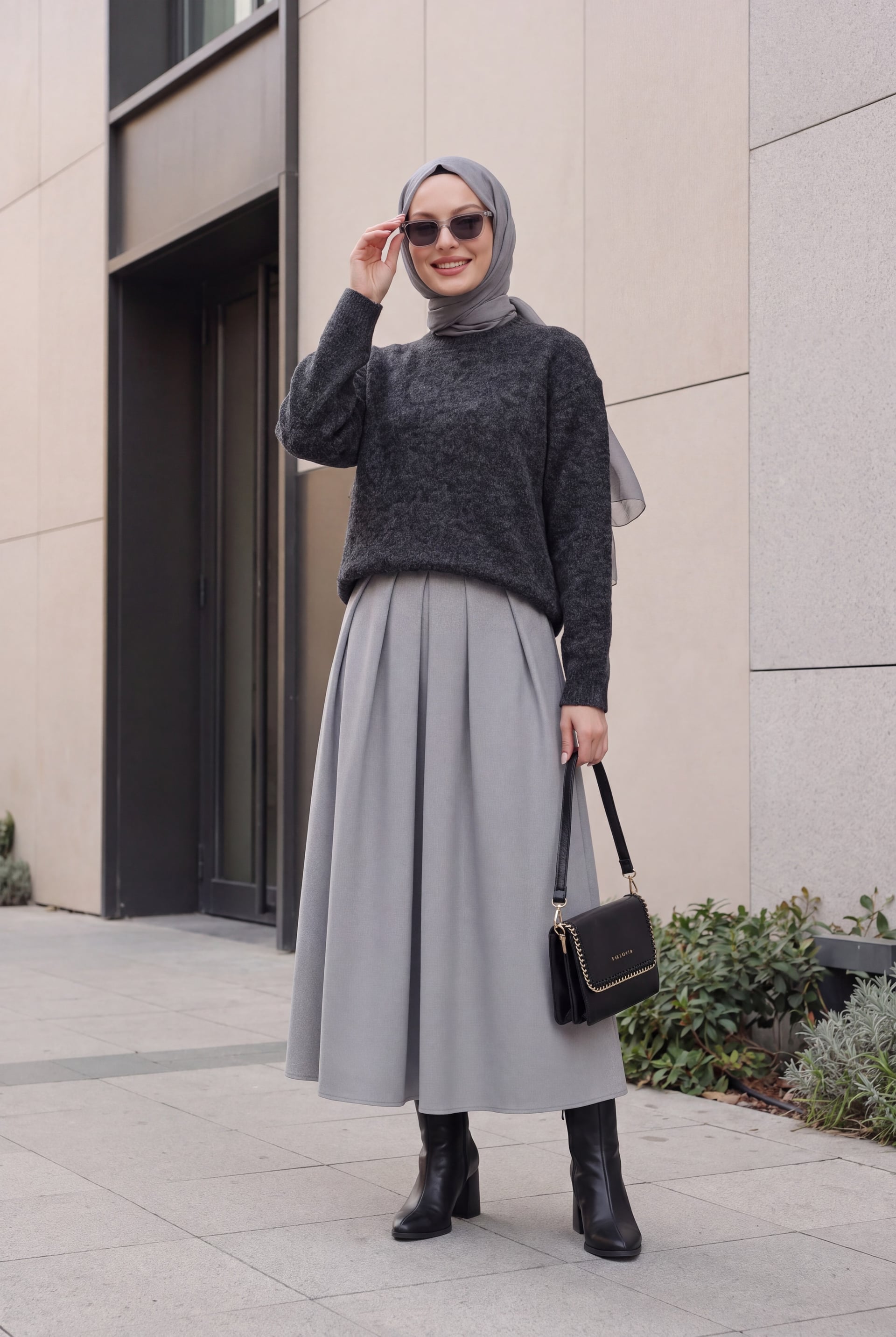 Women's Tulle Detail Oversize Knit Sweater - Black - Bigdart - by Peralane - photo 2