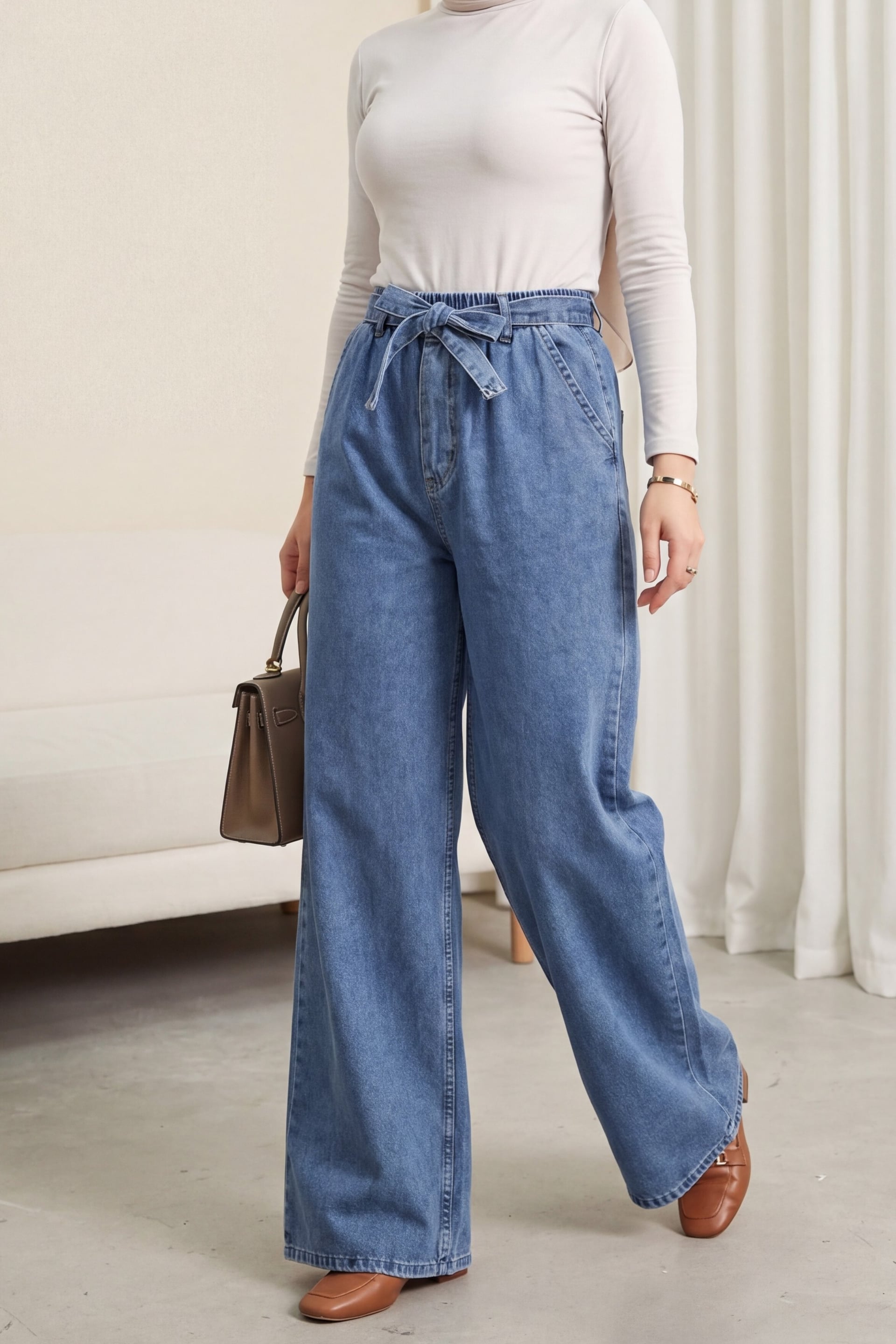 Wide Leg High Waist Elasticated Belted Denim Trousers in Ice Blue - Podyumplus - by Peralane