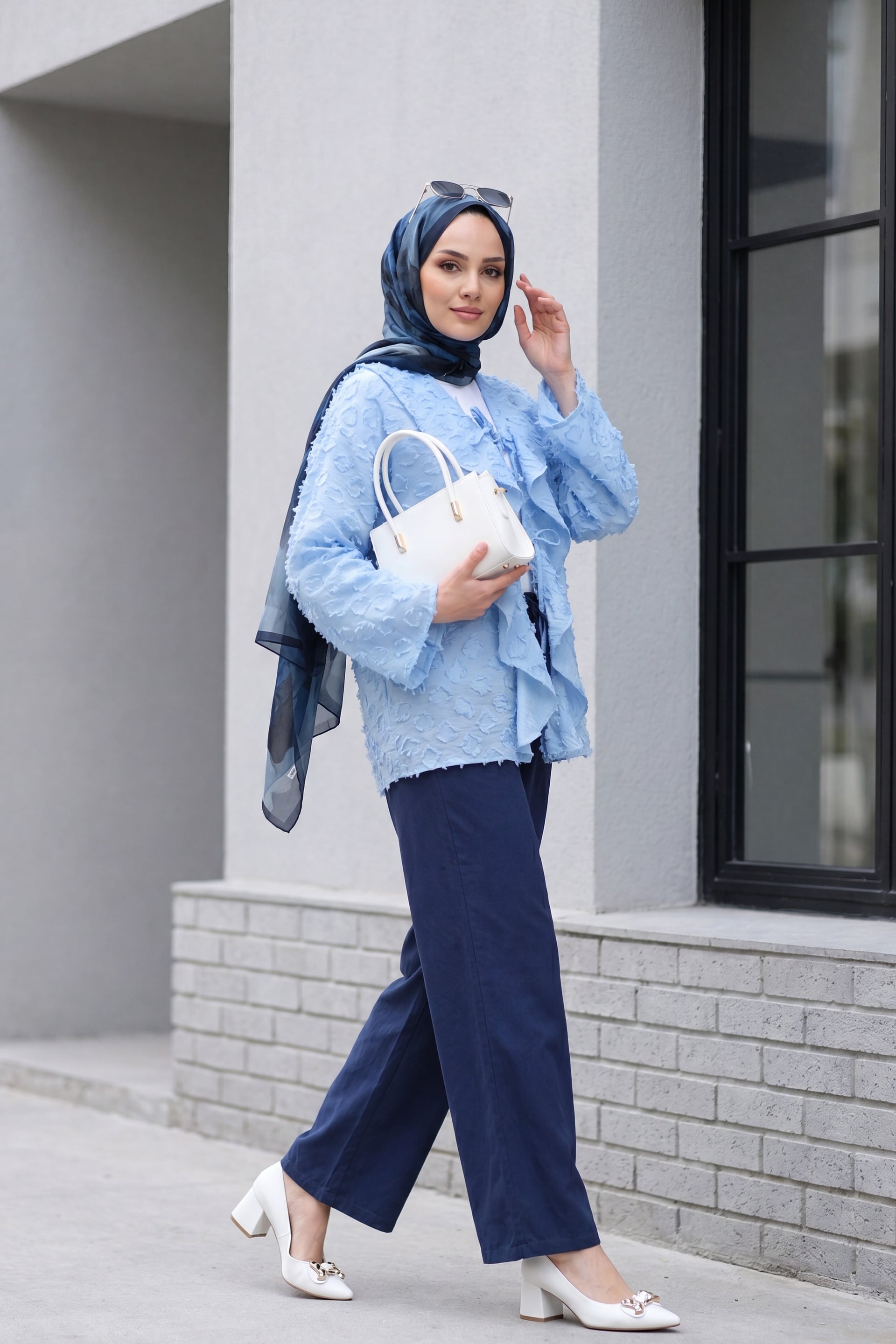 Front-Tie Ruffled Tassel Jacquart Kimono Cardigan - Light Blue - Podyumplus - by Peralane - photo 5