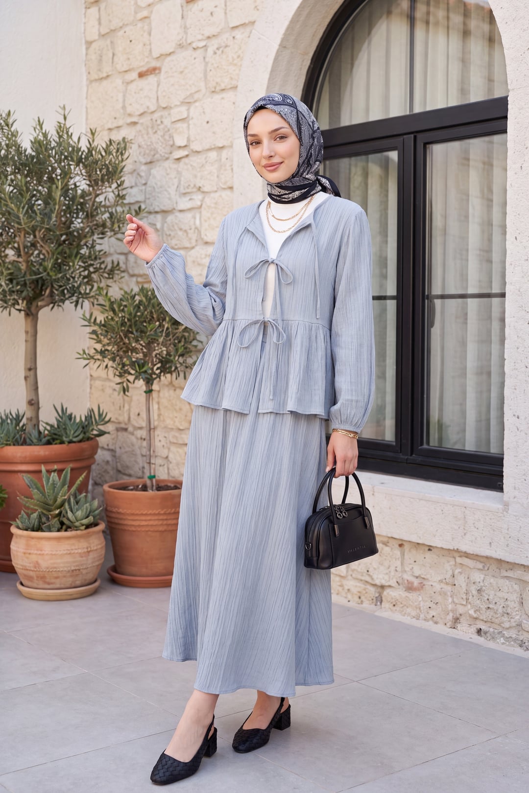 Front-Tie Long-Sleeve Crinkle Tunic and Trousers Set - Light Grey - Podyumplus - by Peralane - photo 3