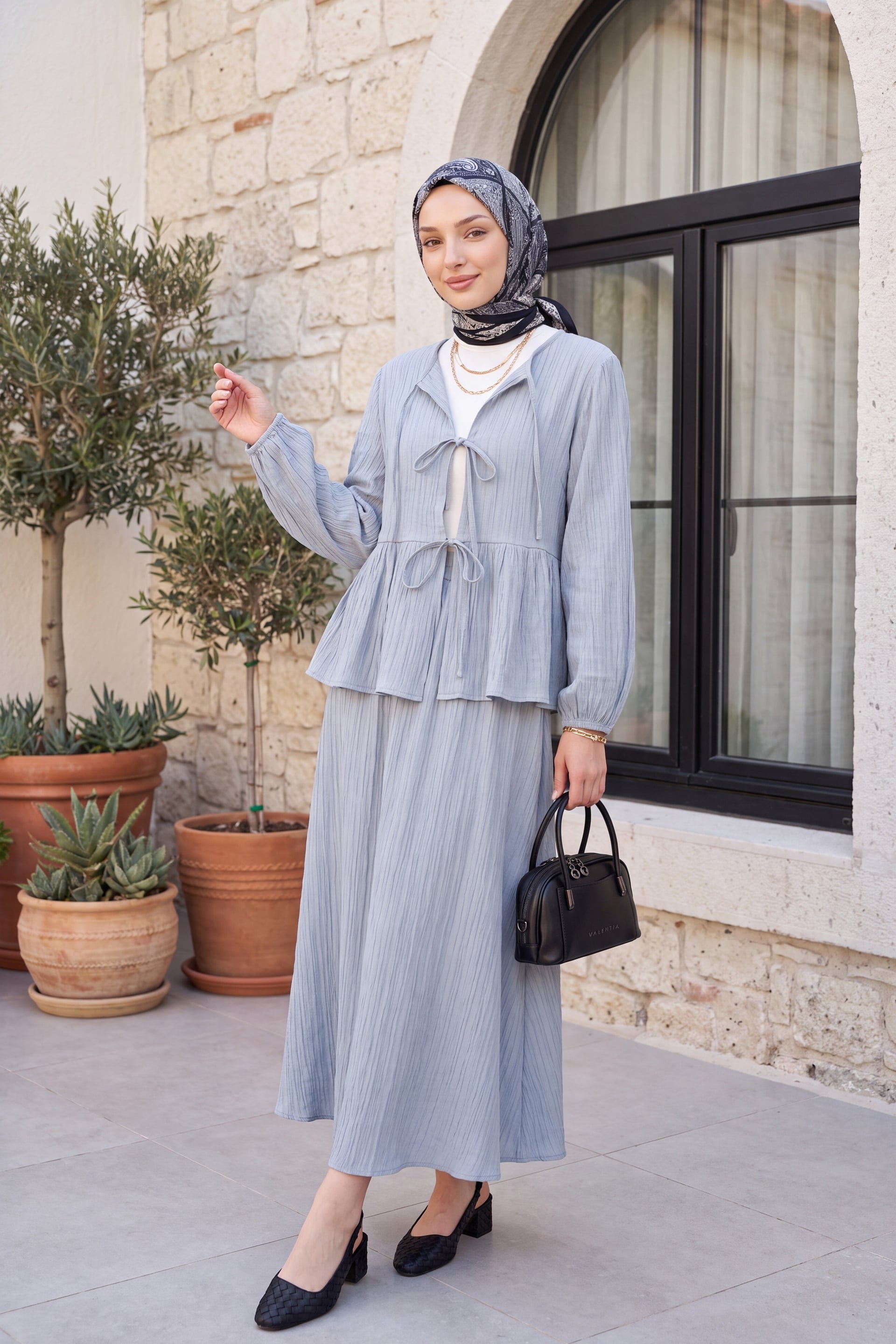Front-Tie Long-Sleeve Crinkle Tunic and Trousers Set - Light Grey - Podyumplus - by Peralane - photo 3