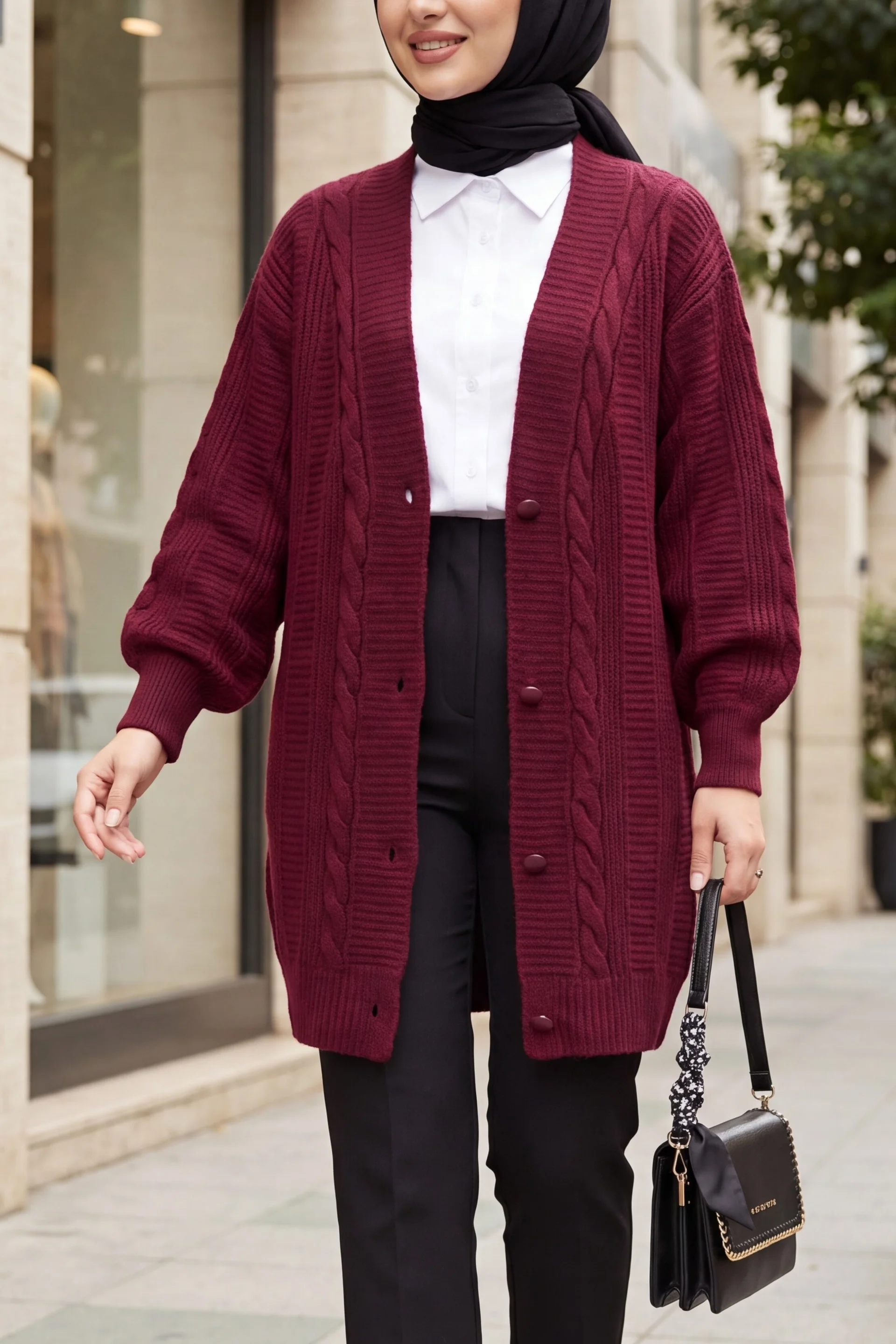 Women's Burgundy Cable Knit Cardigan with Buttons - Bigdart - by Peralane