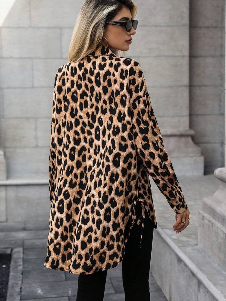 Women's Long-Sleeved Collared Leopard Print Modal Blouse with Button Front and Side Laces - Janes - by Peralane - photo 4