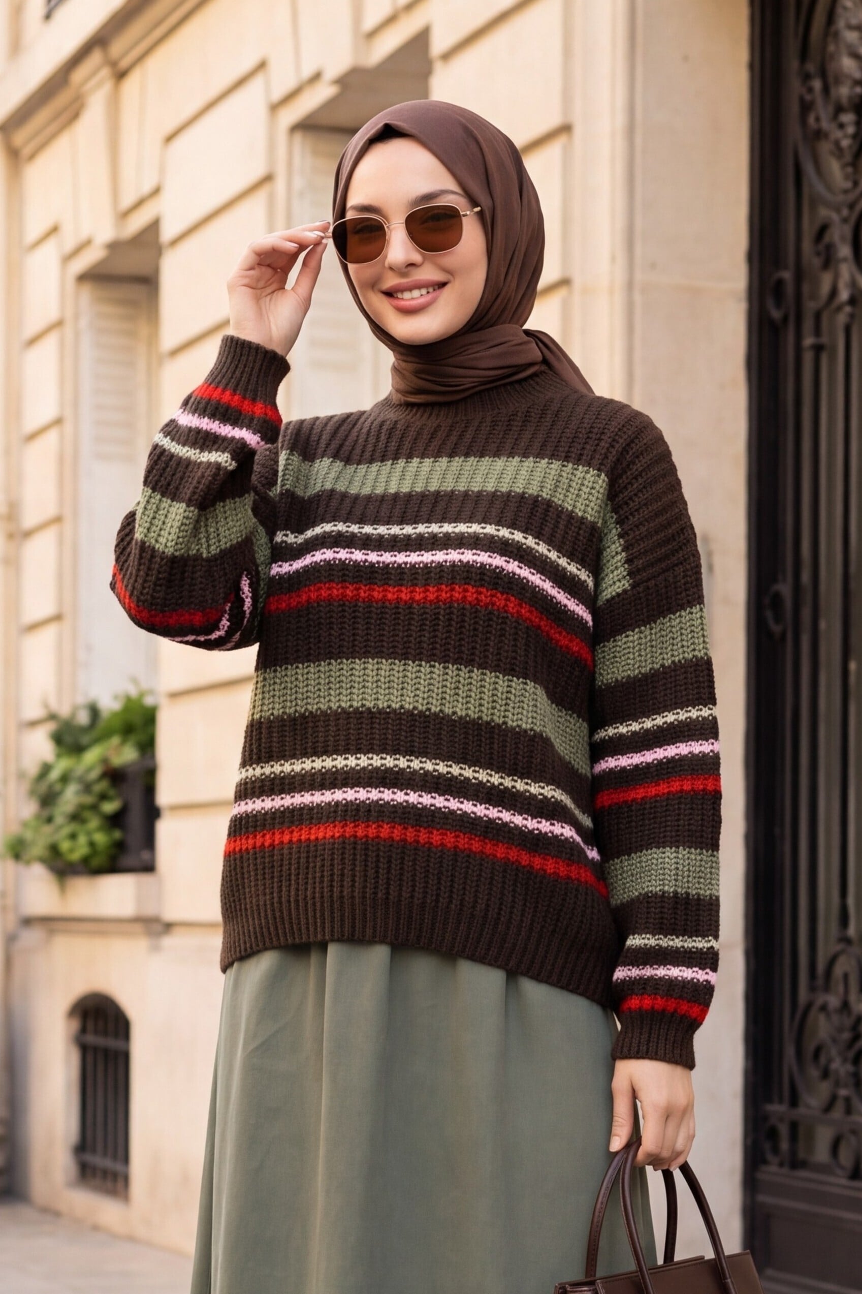 Striped Thick Knit Crew Neck Sweater - Dark Brown - Podyumplus - by Peralane - photo 2