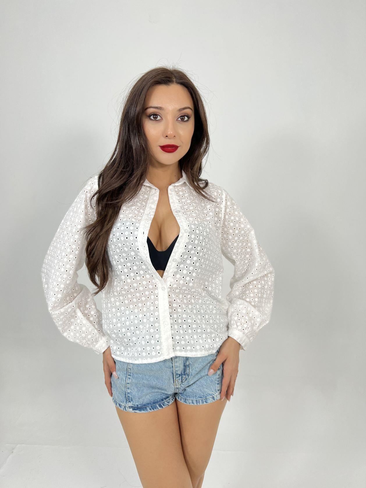 White Eyelet Cotton Blouse with Classic Collar - Fame - by Peralane - photo 5