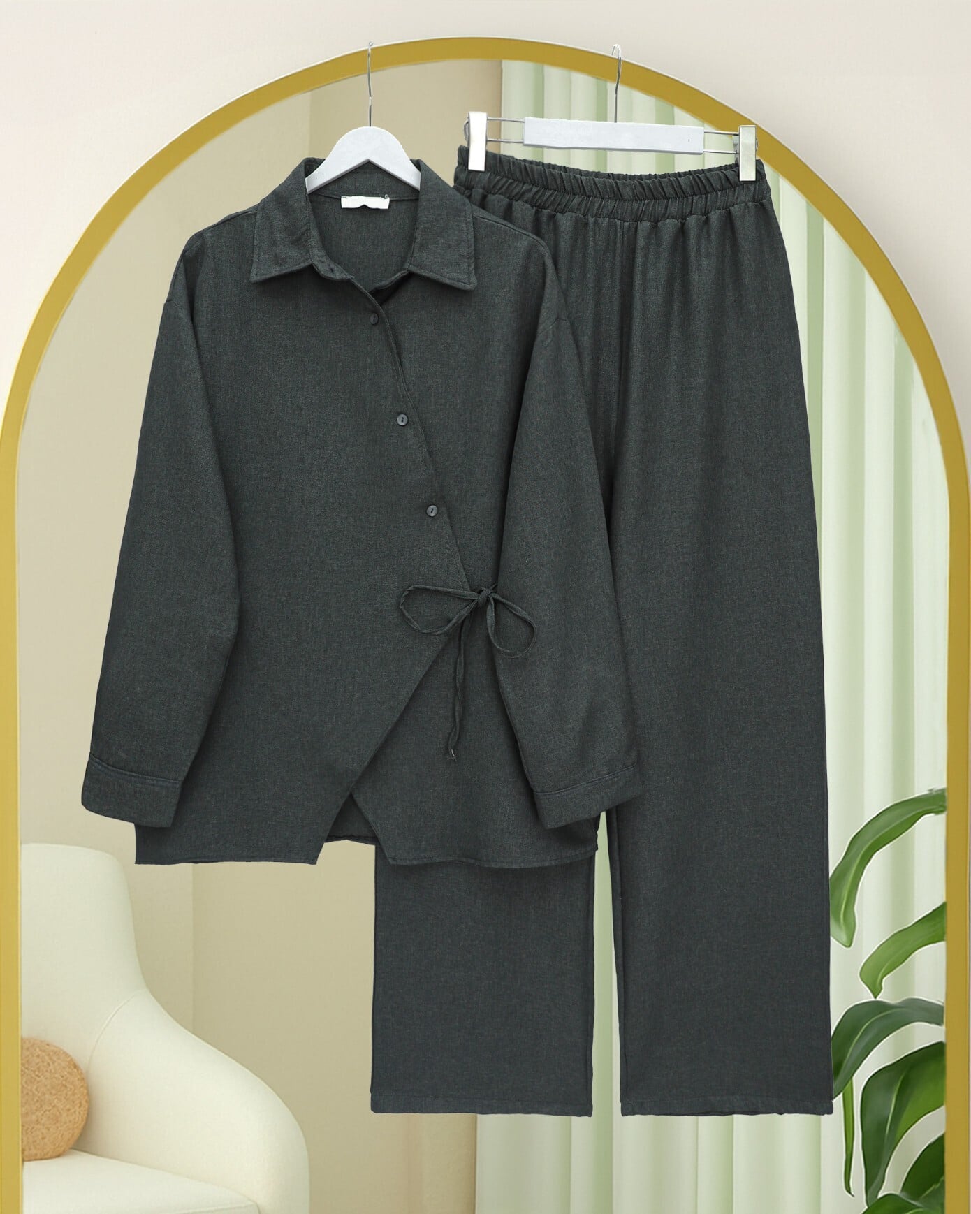 Cross Button Side Tie Wool Effect Two-Piece Set - Anthracite - Podyumplus - by Peralane - photo 5