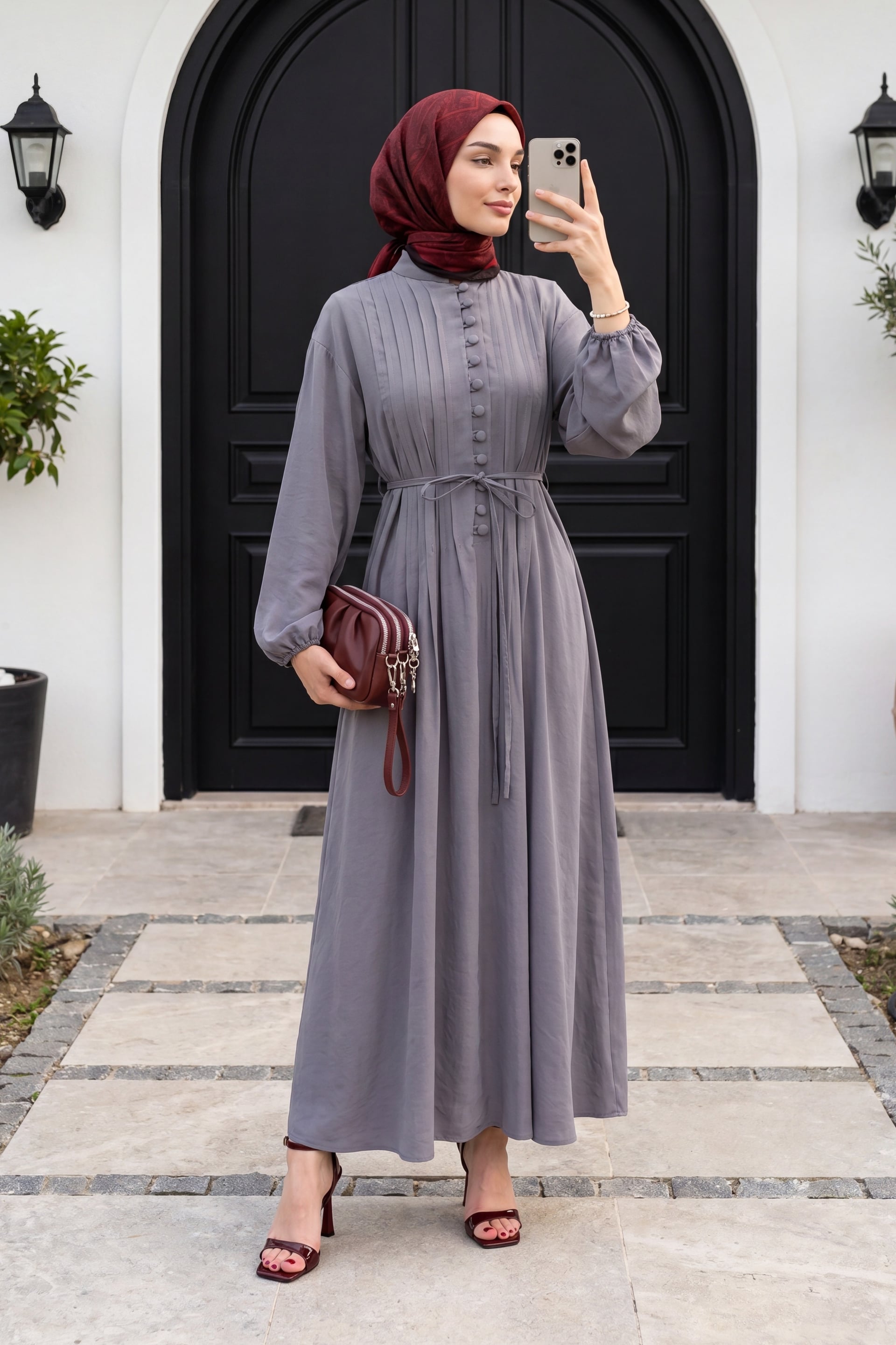 Women's Grey Long-Sleeve Button-Front Ribbed Modal Dress with Belt - Podyumplus - by Peralane