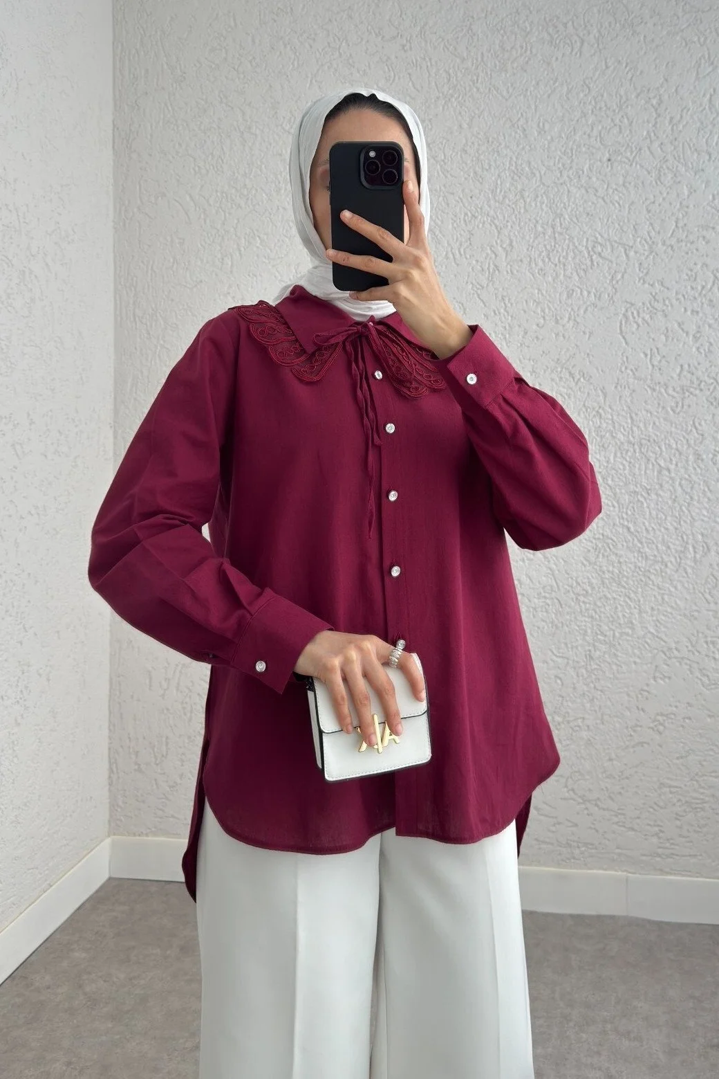 Collar Detail Long Back Button-Up Shirt - Berry Red - Podyumplus - by Peralane