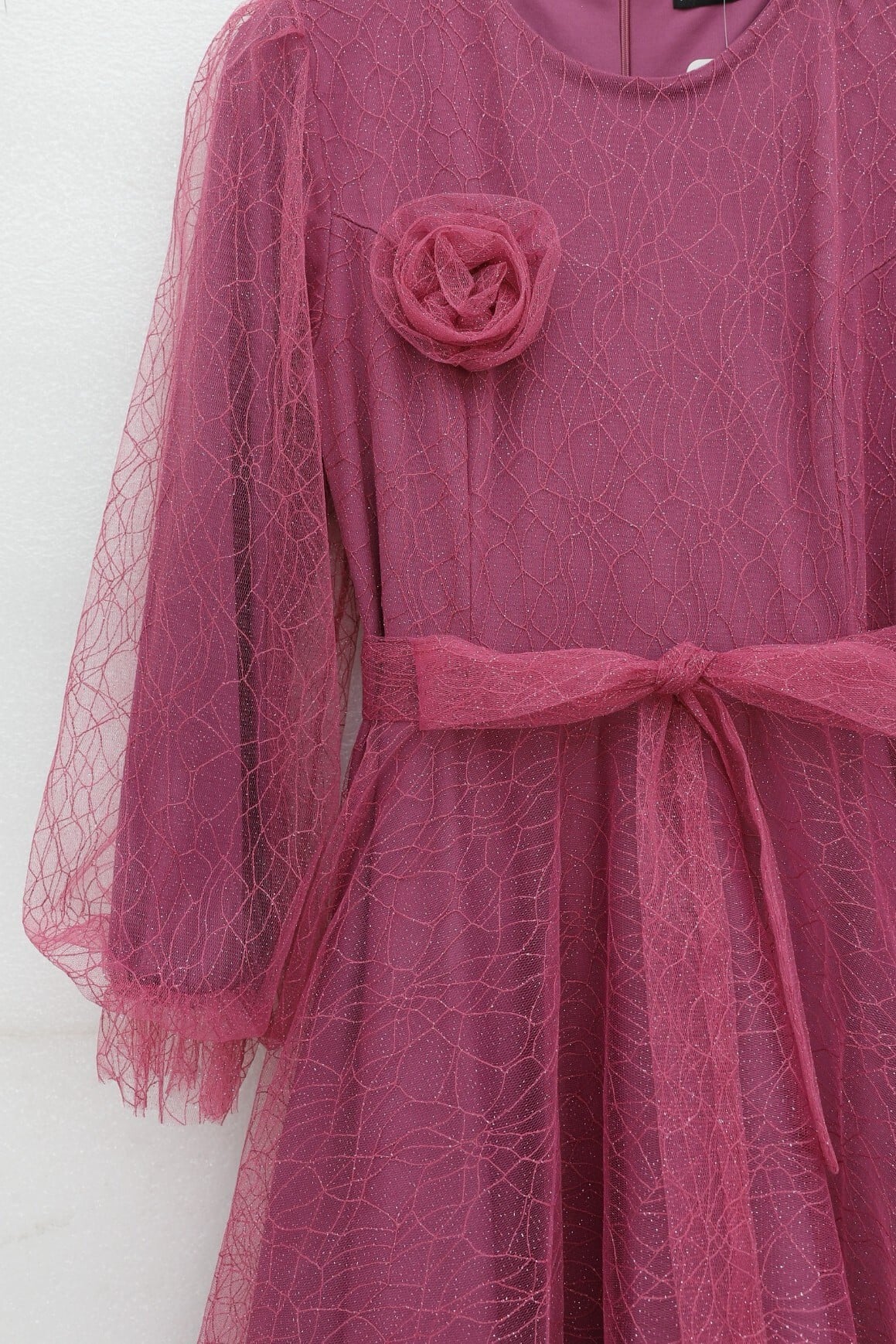Sequin Tulle Evening Dress with Elastic Cuffs and Belt - Dusty Rose - Podyumplus - by Peralane - photo 6