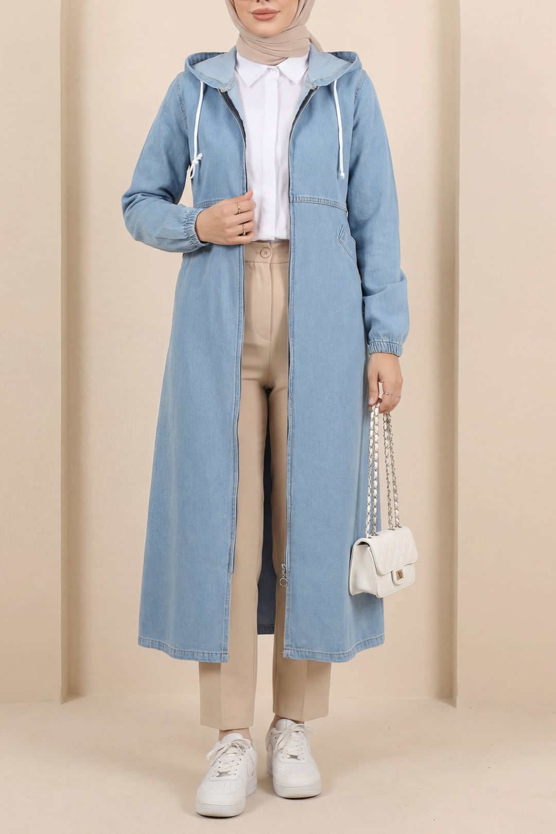 Light Blue Denim Hooded Jacket with Pockets - Podyumplus - by Peralane - photo 2