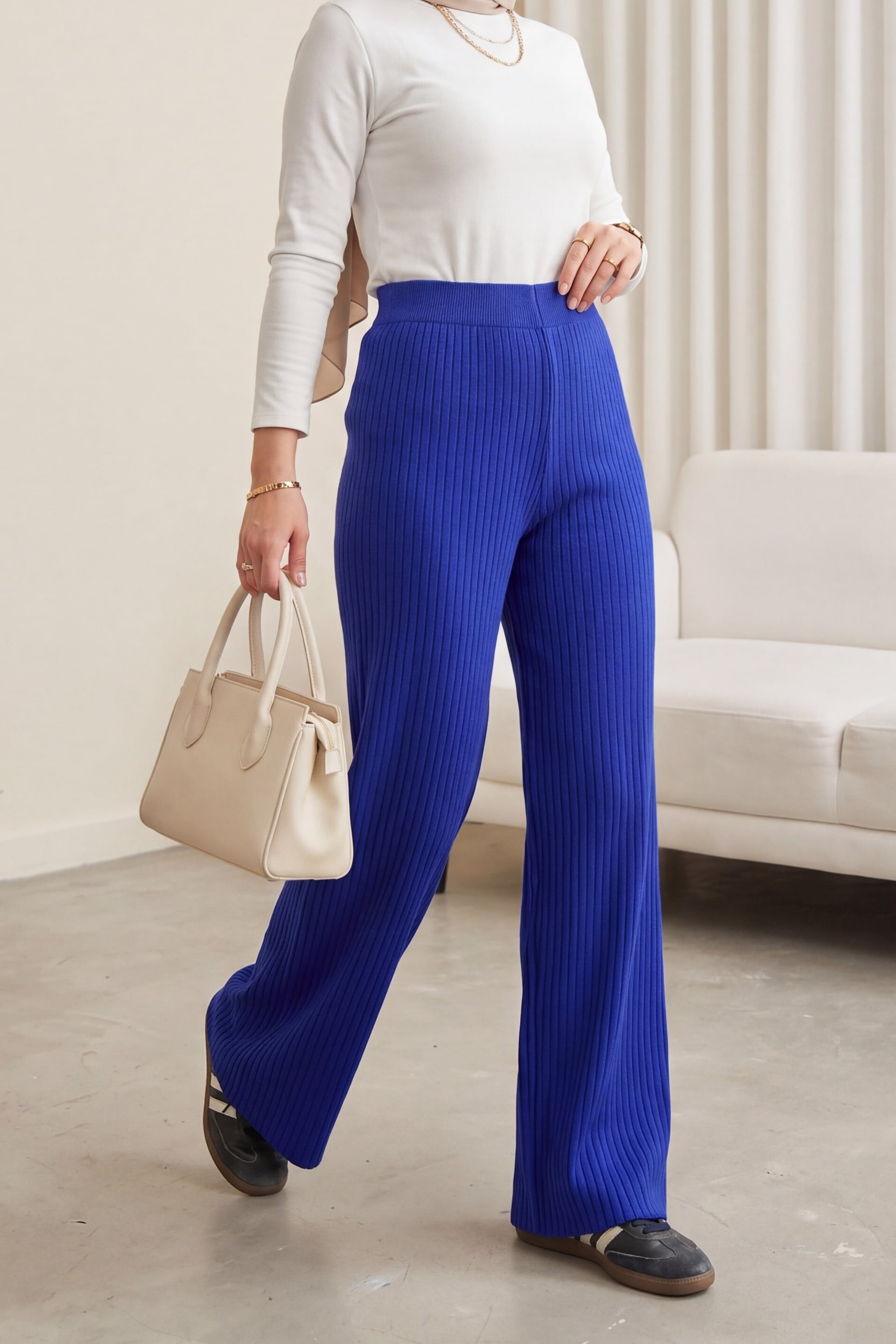 Ribbed Knit Wide-Leg Trousers - Saks Blue - Podyumplus - by Peralane