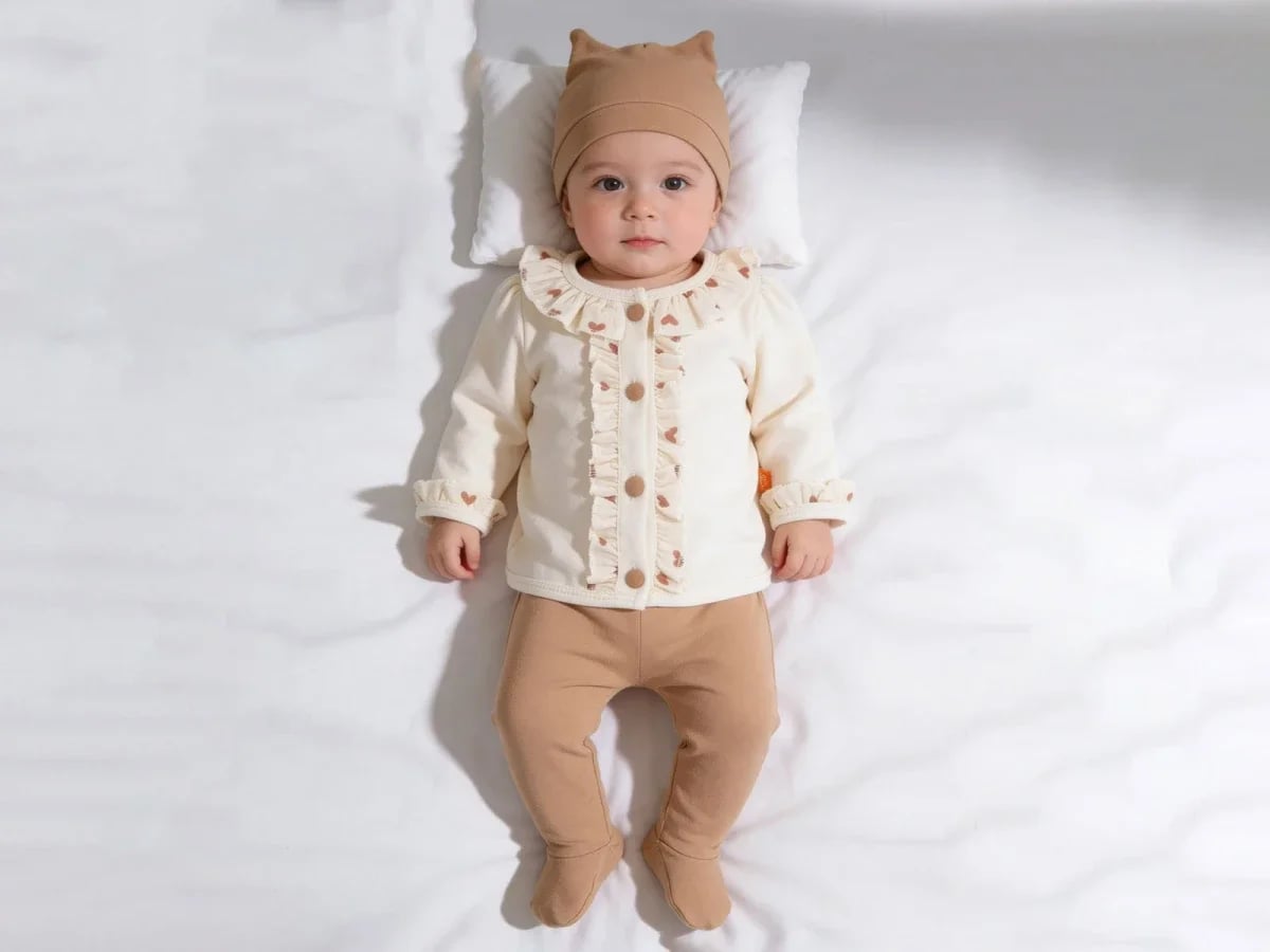 Baby Set with Heart Print Top and Footed Trousers - Beyaz Bebek - by Peralane