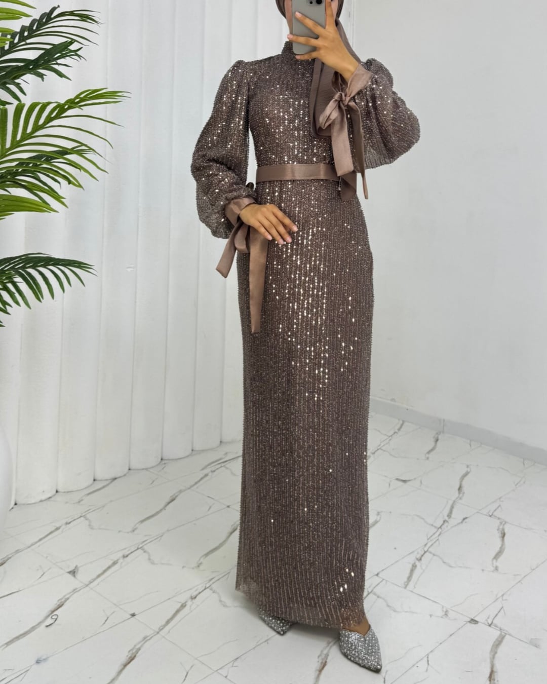 Sequined Evening Dress with Belt - Light Brown - Podyumplus - by Peralane - photo 8