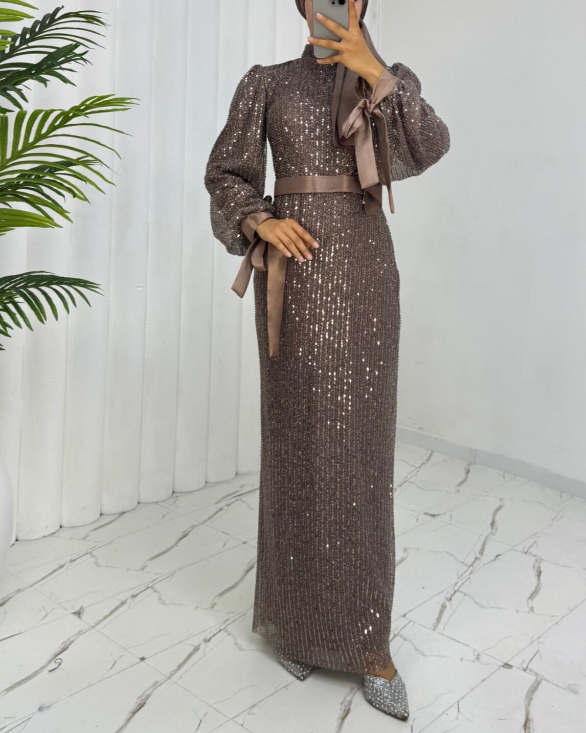 Sequined Evening Dress with Belt - Light Brown - Podyumplus - by Peralane - photo 8