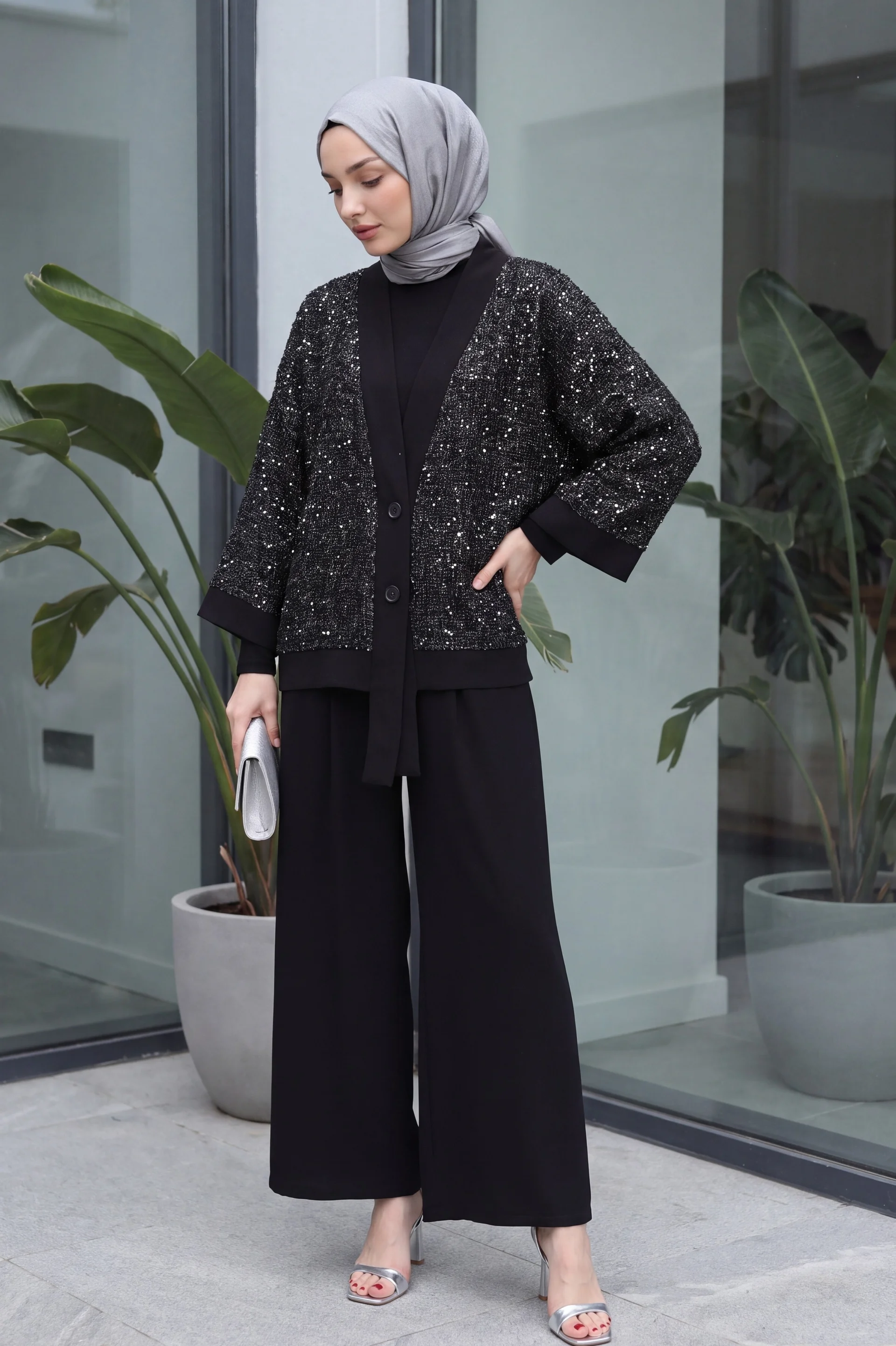 Sequin Mesh Cardigan 3-Piece Women's Modest Set - Black - Podyumplus - by Peralane - photo 4