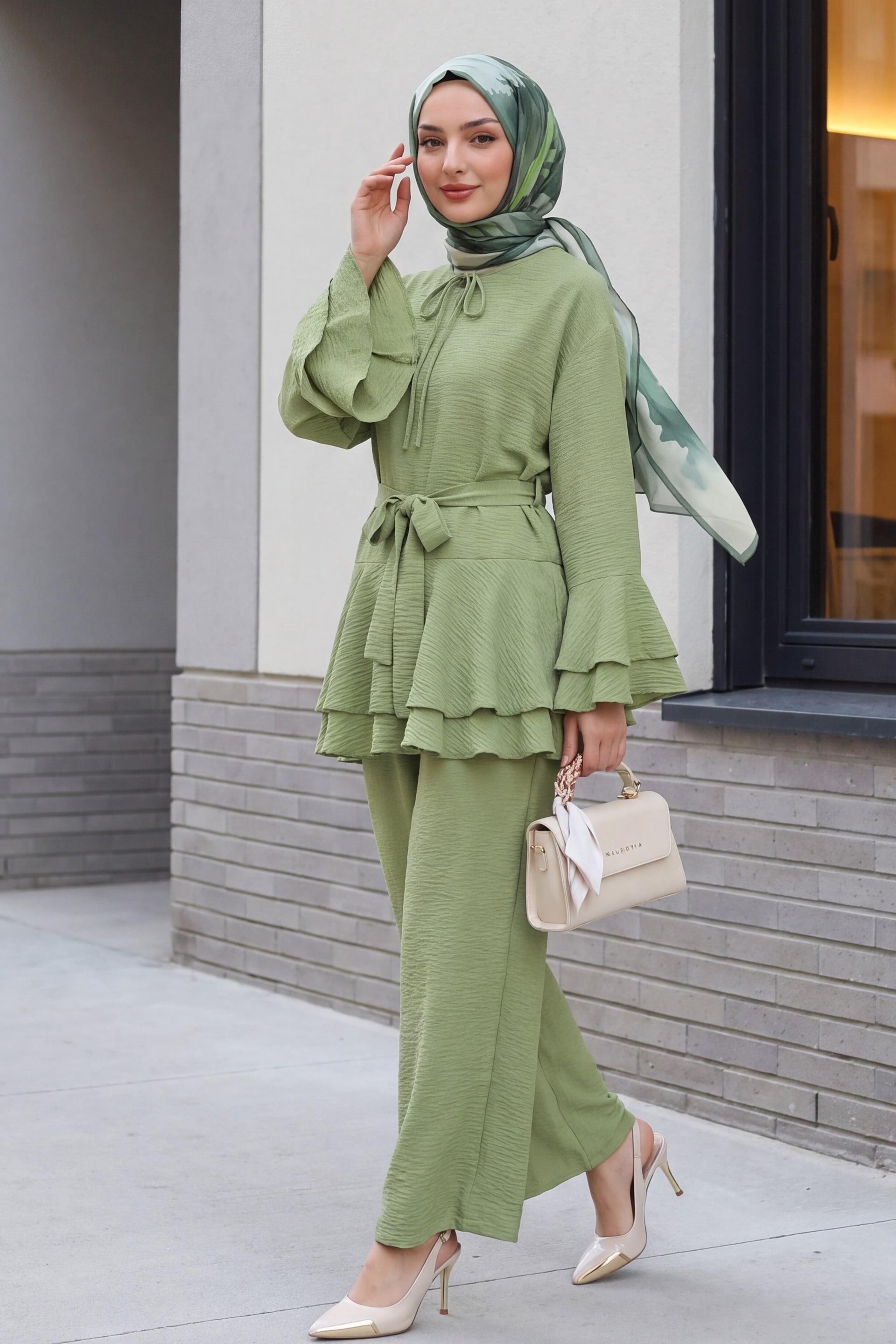 Jacquard Waffle Co-ord Set with Flared Sleeves and Wide-Leg Trousers - Pistachio Green - Podyumplus - by Peralane - photo 3