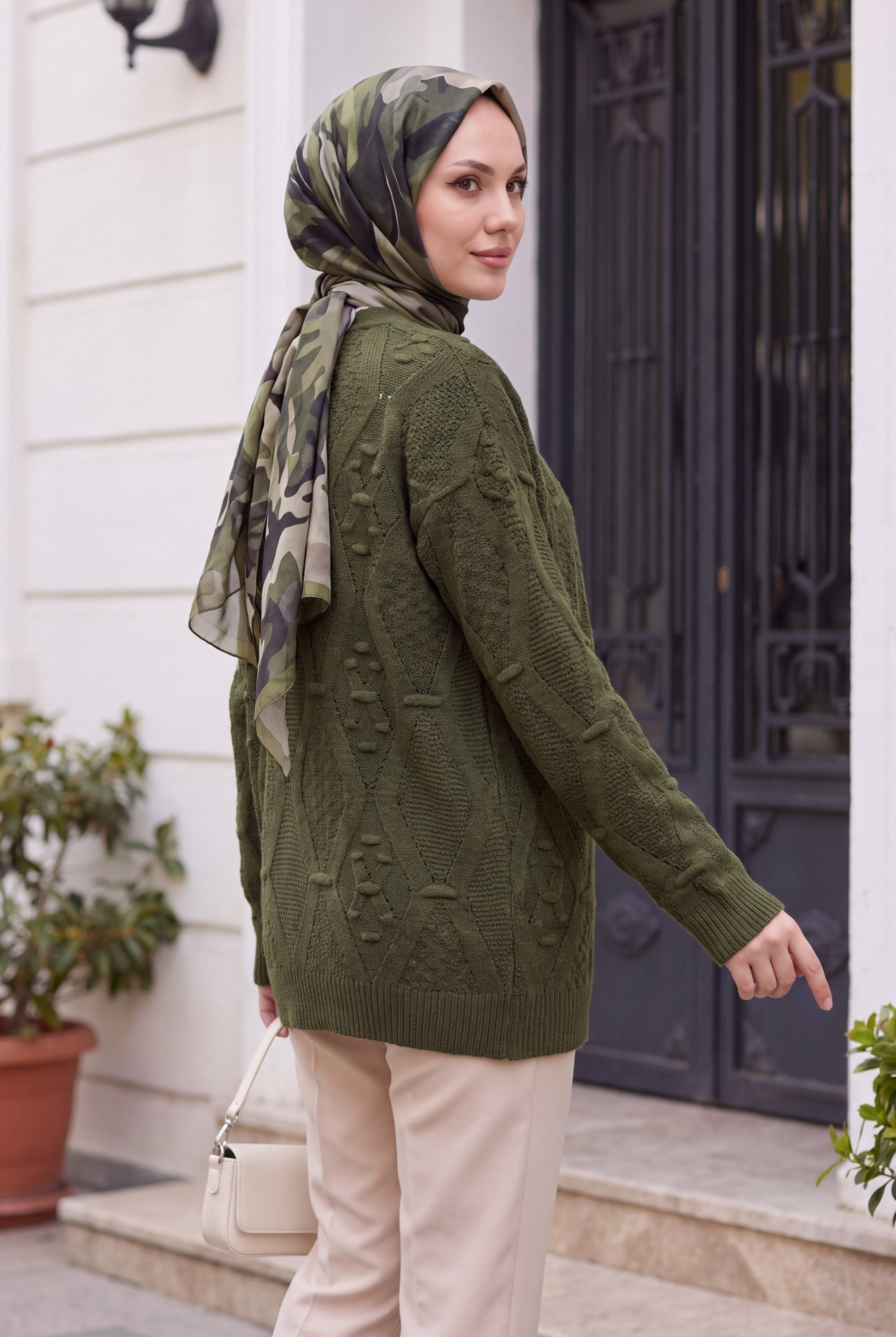Pom Pom Detail Mid-Length Knit Cardigan - Khaki - Podyumplus - by Peralane - photo 3