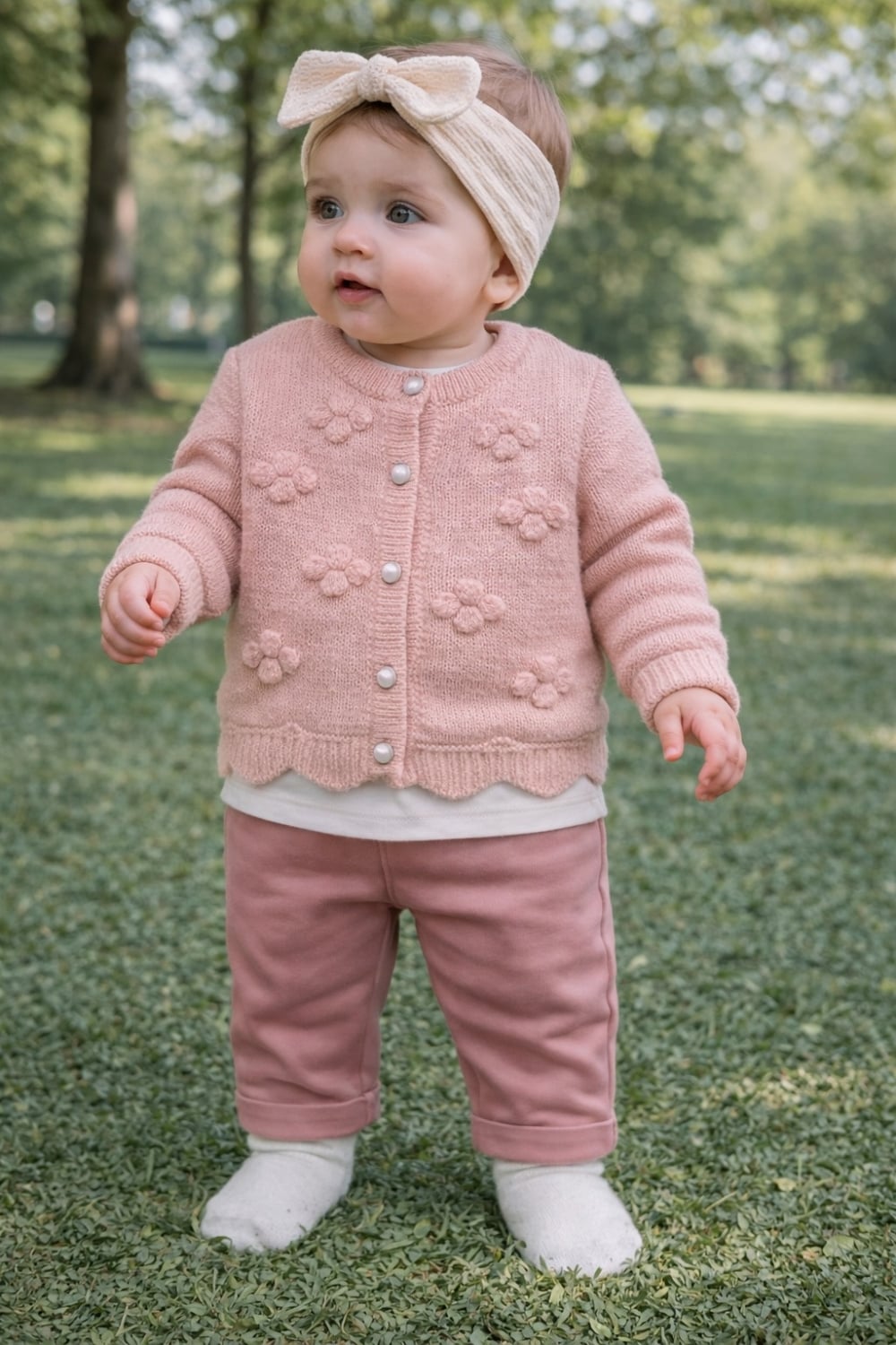 Baby Girl Knit Cardigan and Trousers Set - Powder - Has Bereket - by Peralane