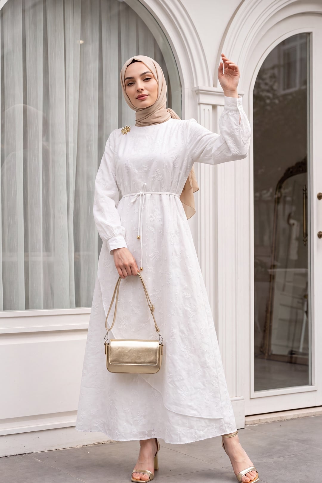 White Double-Layer Wrap Linen Look Dress with Brooch - Podyumplus - by Peralane - photo 3
