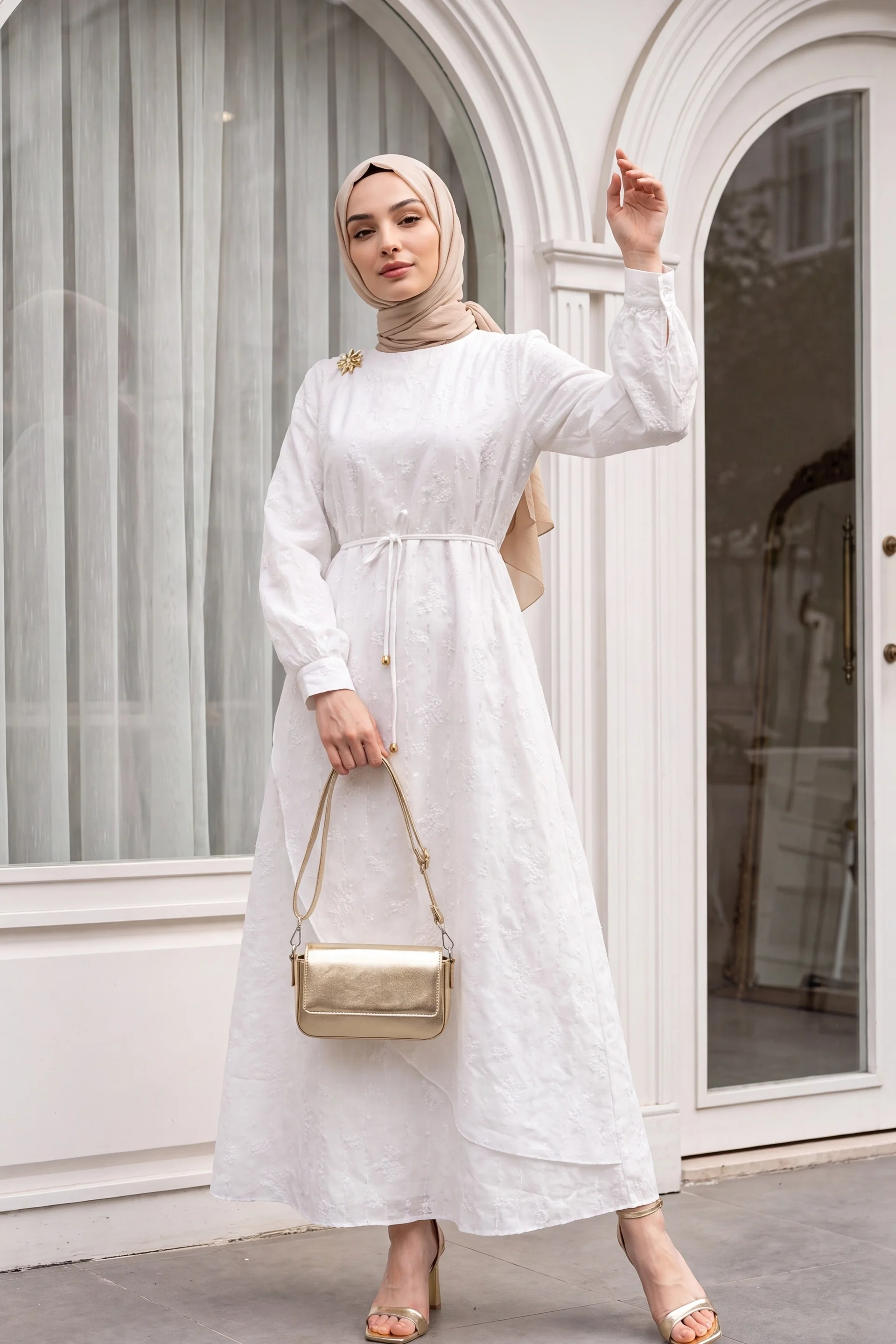 White Double-Layer Wrap Linen Look Dress with Brooch - Podyumplus - by Peralane - photo 3