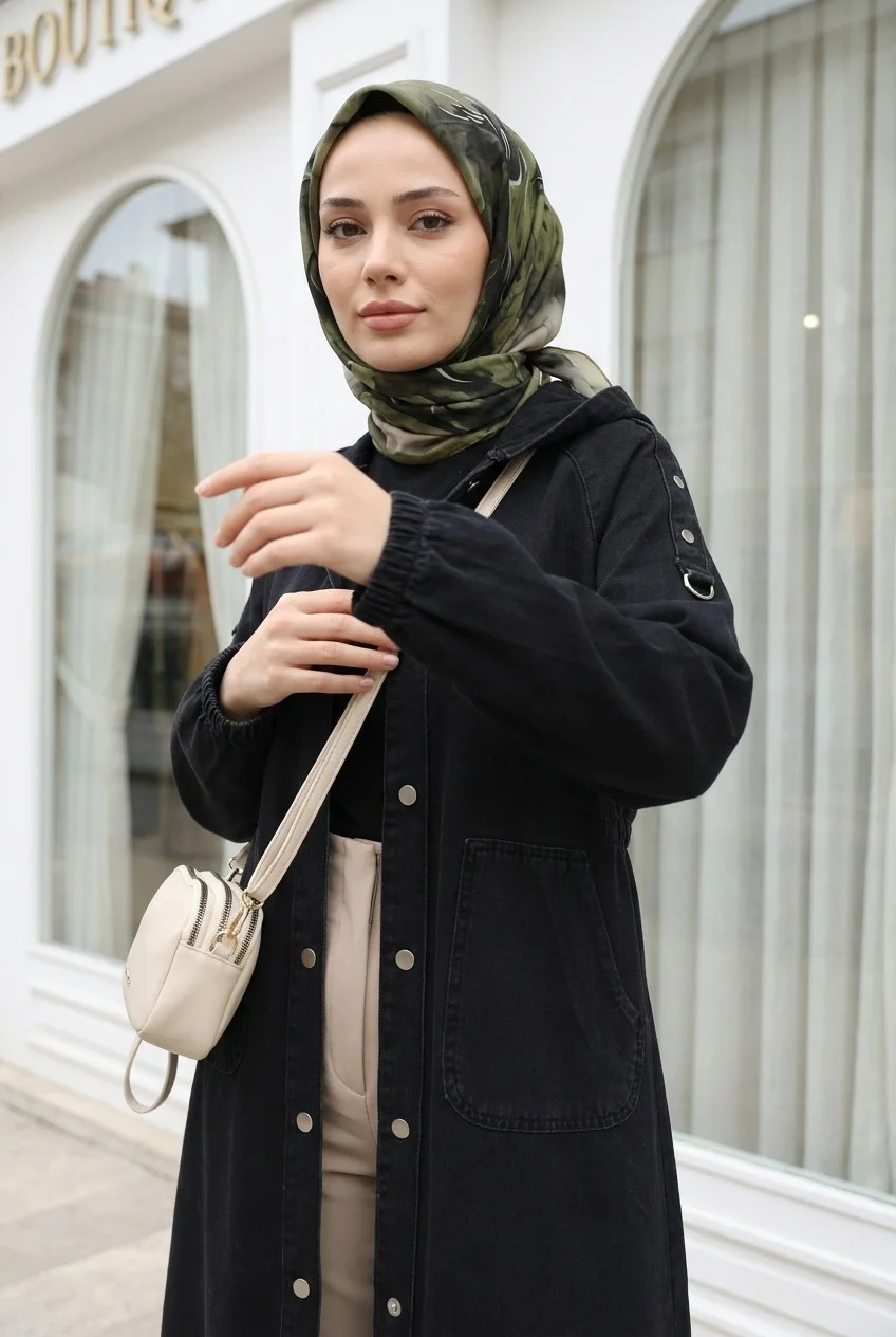 Women's Long Denim Jean Jacket with Hood and Epaulettes - Black - Podyumplus - by Peralane - photo 3