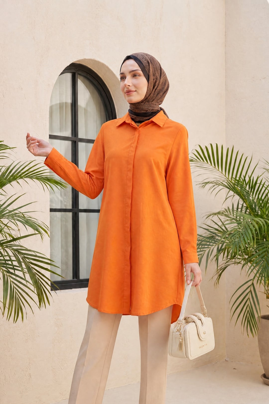Hidden Button Oval Cut Long Shirt - Orange - Podyumplus - by Peralane - photo 2