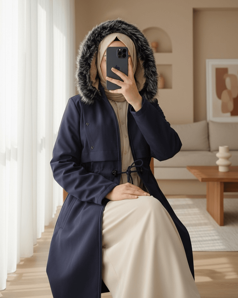 Navy Blue Hooded Long Coat with Faux Fur Lining and Drawstring Waist - Podyumplus - by Peralane