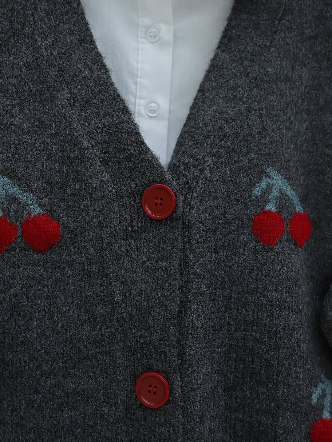 Cherry Print V-Neck Button Cardigan - Smoke - Podyumplus - by Peralane - photo 4