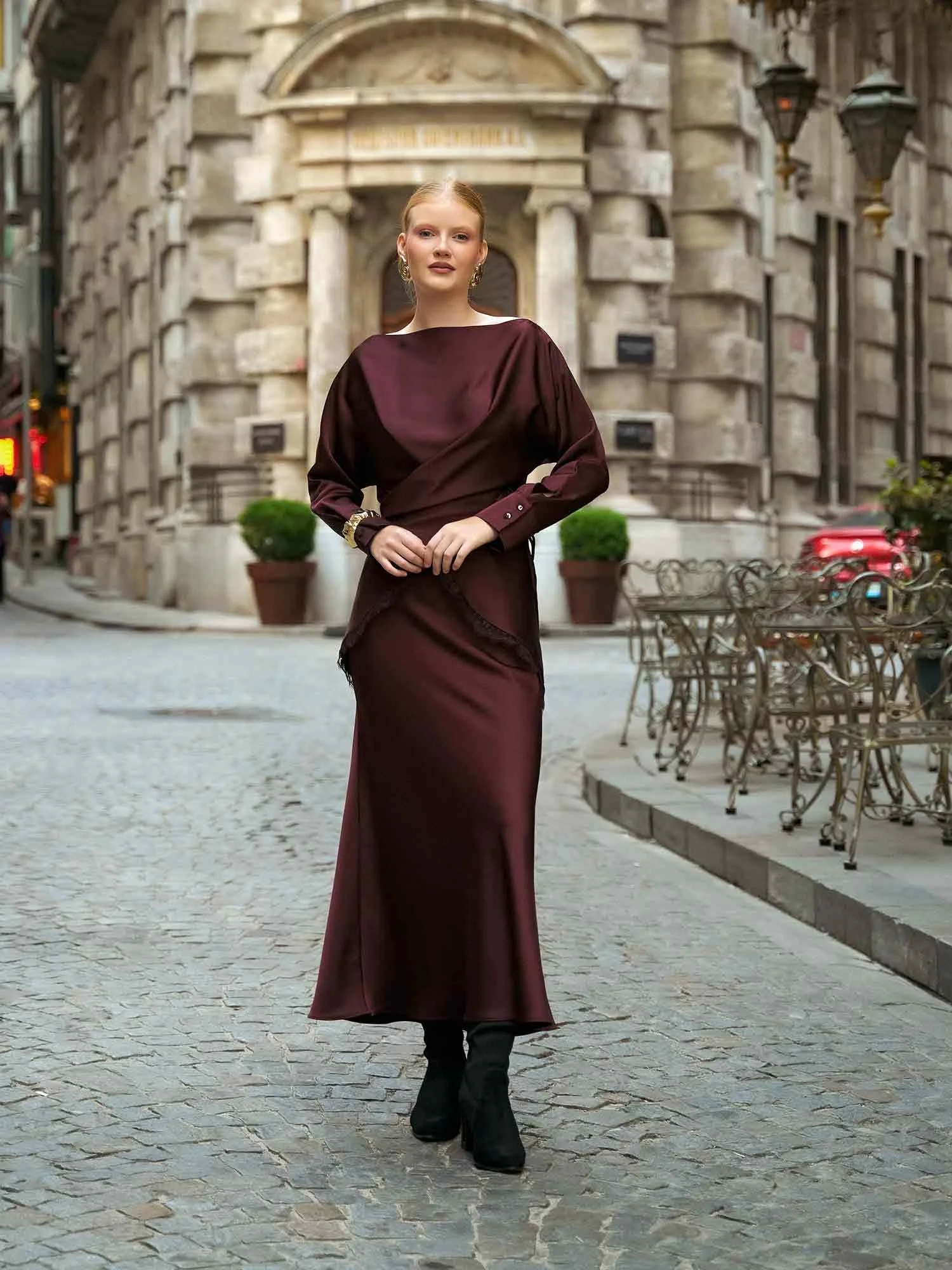 Ruffled Satin Evening Dress with Asymmetric Neckline - Lefon - by Peralane - photo 2