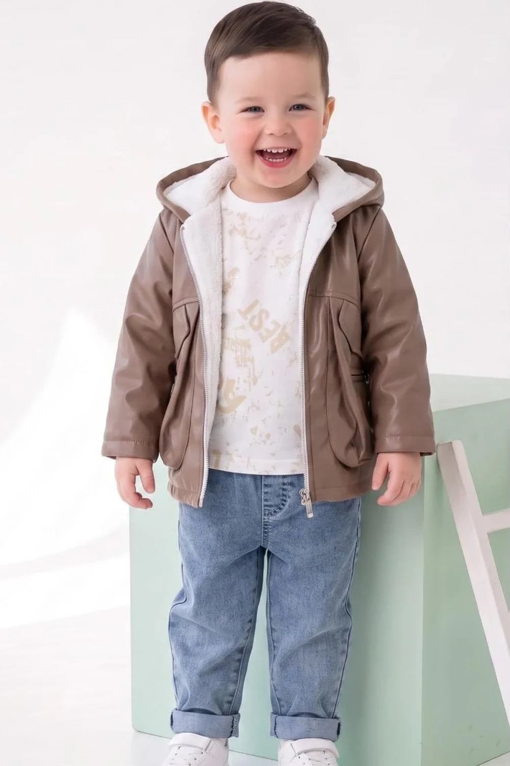 Boys' 3-Piece Set with Faux Leather Jacket - Brown (Pack of 4) - Has Bereket - by Peralane