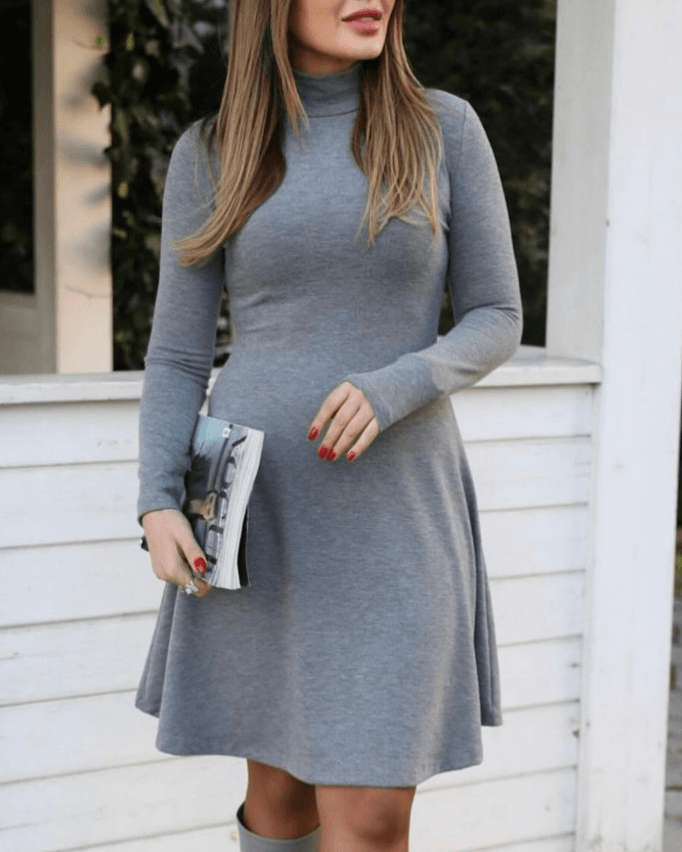 Women's Long-Sleeved Turtleneck Loose Knit Dress in Grey - Janes - by Peralane - photo 2