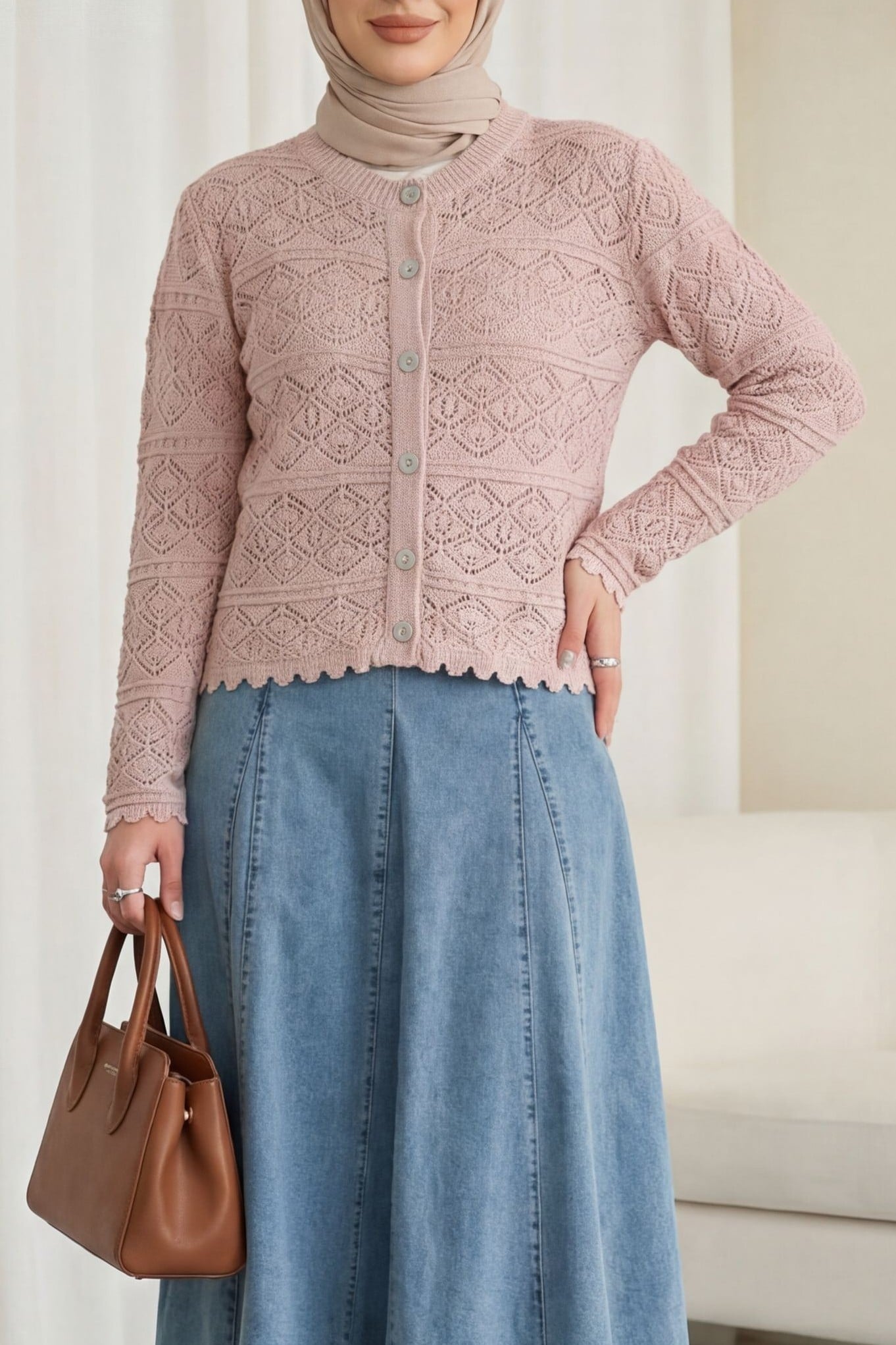 Buttoned Patterned Openwork Knit Cardigan - Powder Pink - Podyumplus - by Peralane