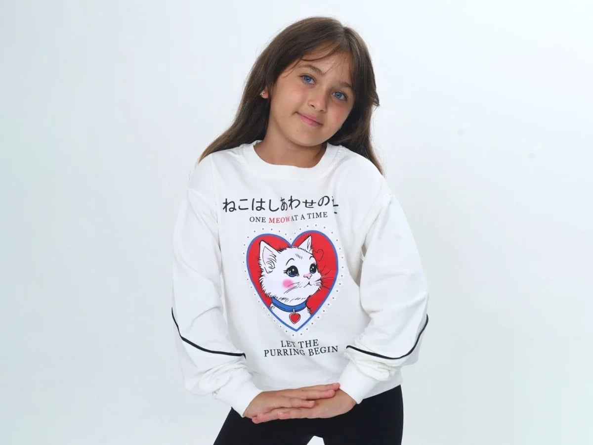 Girls' Cat Print Sweatshirt - White - Vizviz - by Peralane