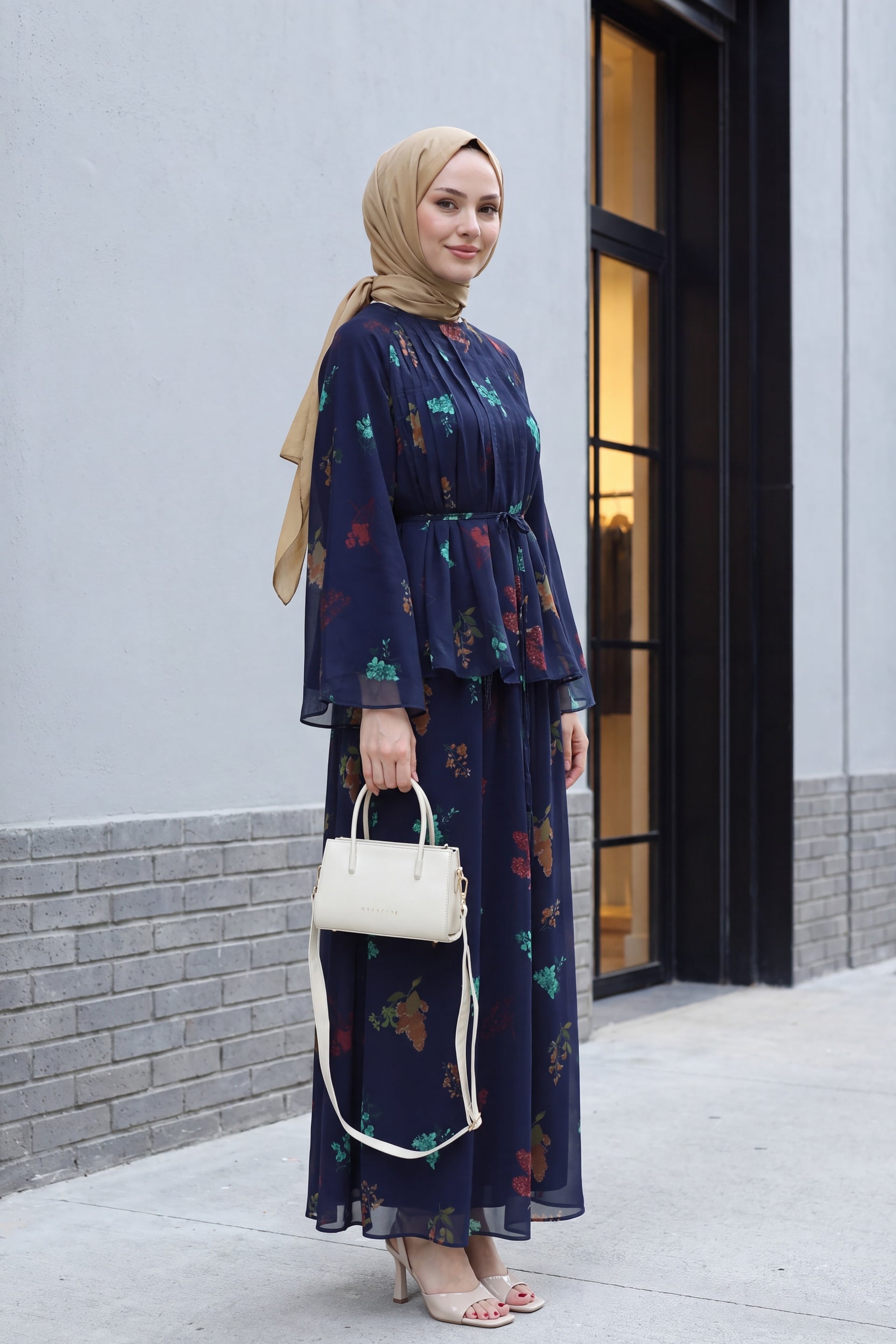 Navy Blue Floral Print Tie Belt Tiered Chiffon Two-Piece Set with Spanish Sleeves - Podyumplus - by Peralane - photo 4