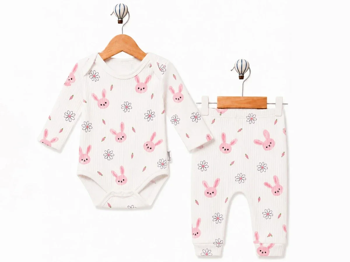 Pink Bunny Print Baby Bodysuit and Pants Set (3-Pack) - Supermini - by Peralane