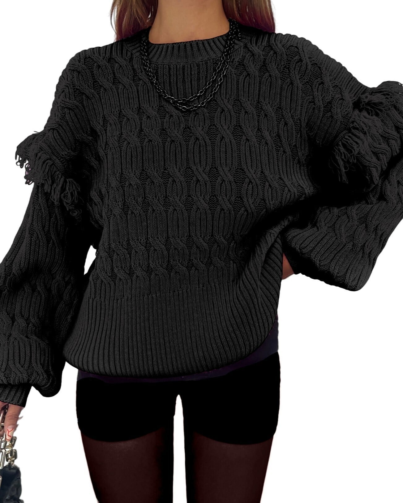 Black Fringe Balloon Sleeve Knit Sweater - Podyumplus - by Peralane - photo 4