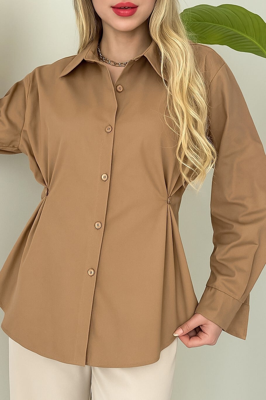 Side Button Detail Poplin Shirt - Camel - Podyumplus - by Peralane