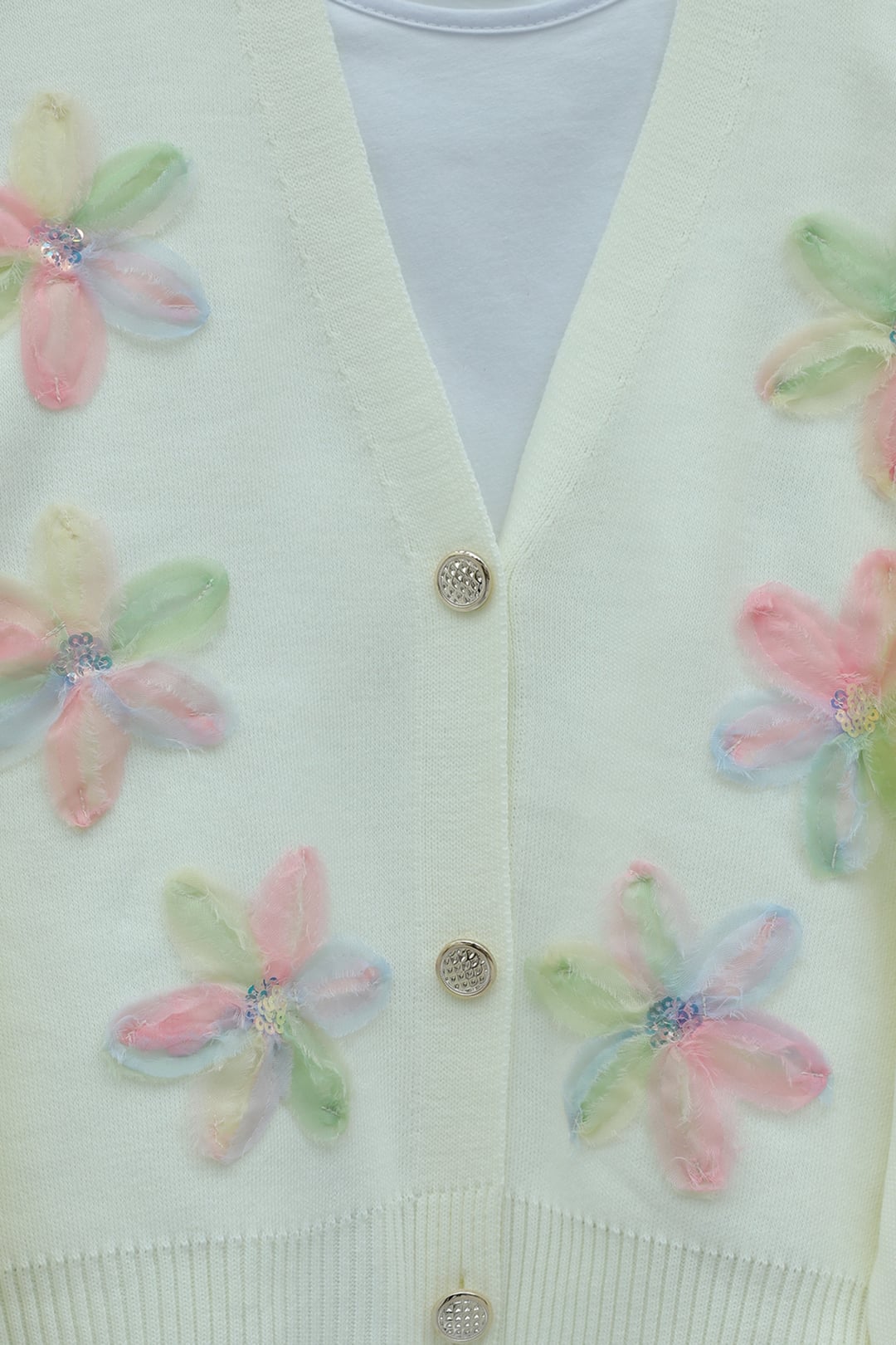 Sequin and Floral Appliqué Buttoned Knit Cardigan - Ecru - Podyumplus - by Peralane - photo 5