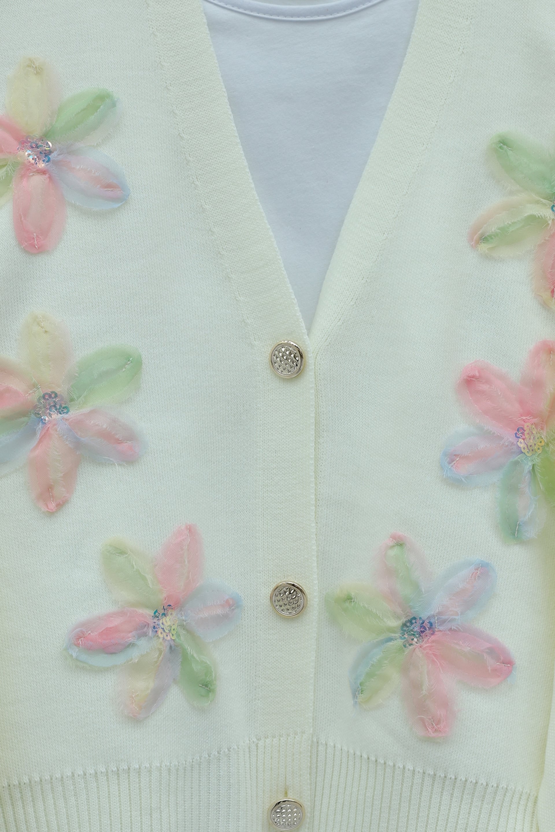 Sequin and Floral Appliqué Buttoned Knit Cardigan - Ecru - Podyumplus - by Peralane - photo 5
