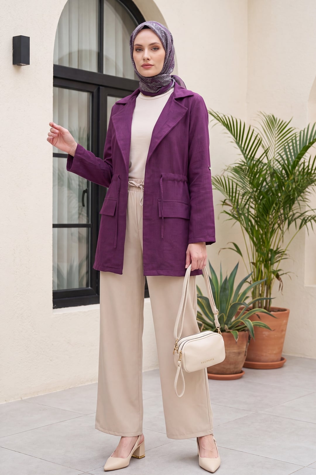 Tunnel Drawstring Pocket Detail Linen Look Kimono - Deep Plum - Podyumplus - by Peralane - photo 5