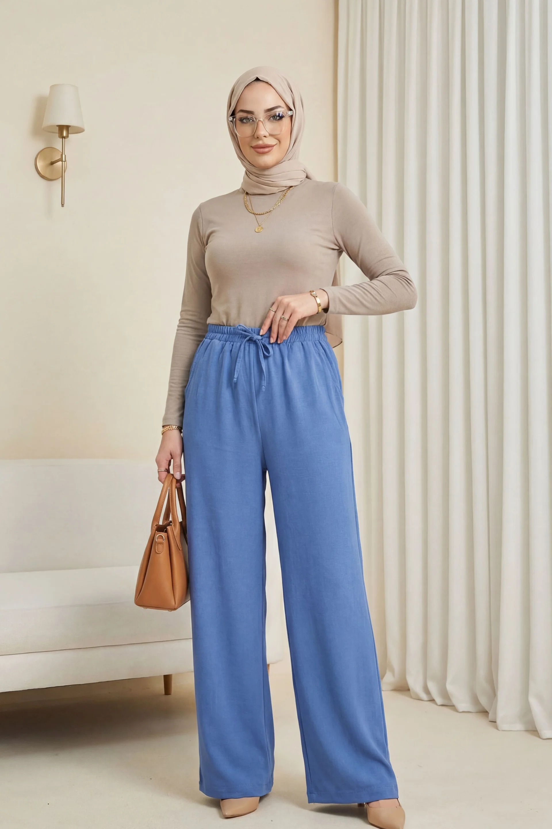 Elasticated Waist Drawstring Wide-Leg Trousers - Indigo - Podyumplus - by Peralane - photo 3